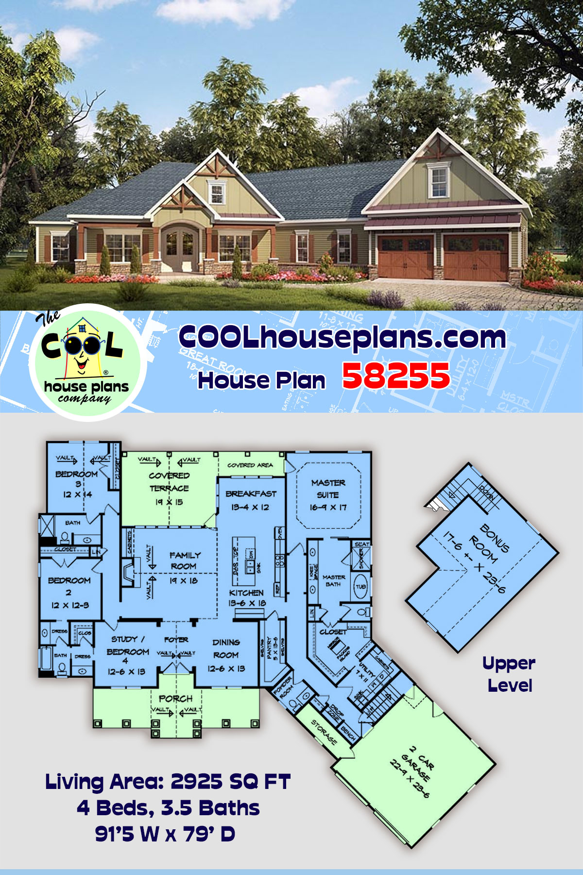 Craftsman House Plan 58255 with 4 Beds, 4 Baths, 2 Car Garage