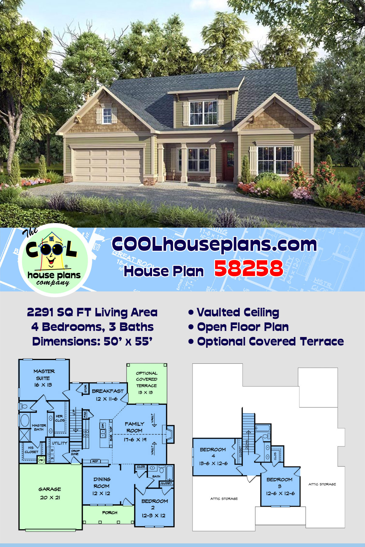 Craftsman, Traditional House Plan 58258 with 4 Beds, 3 Baths, 2 Car Garage