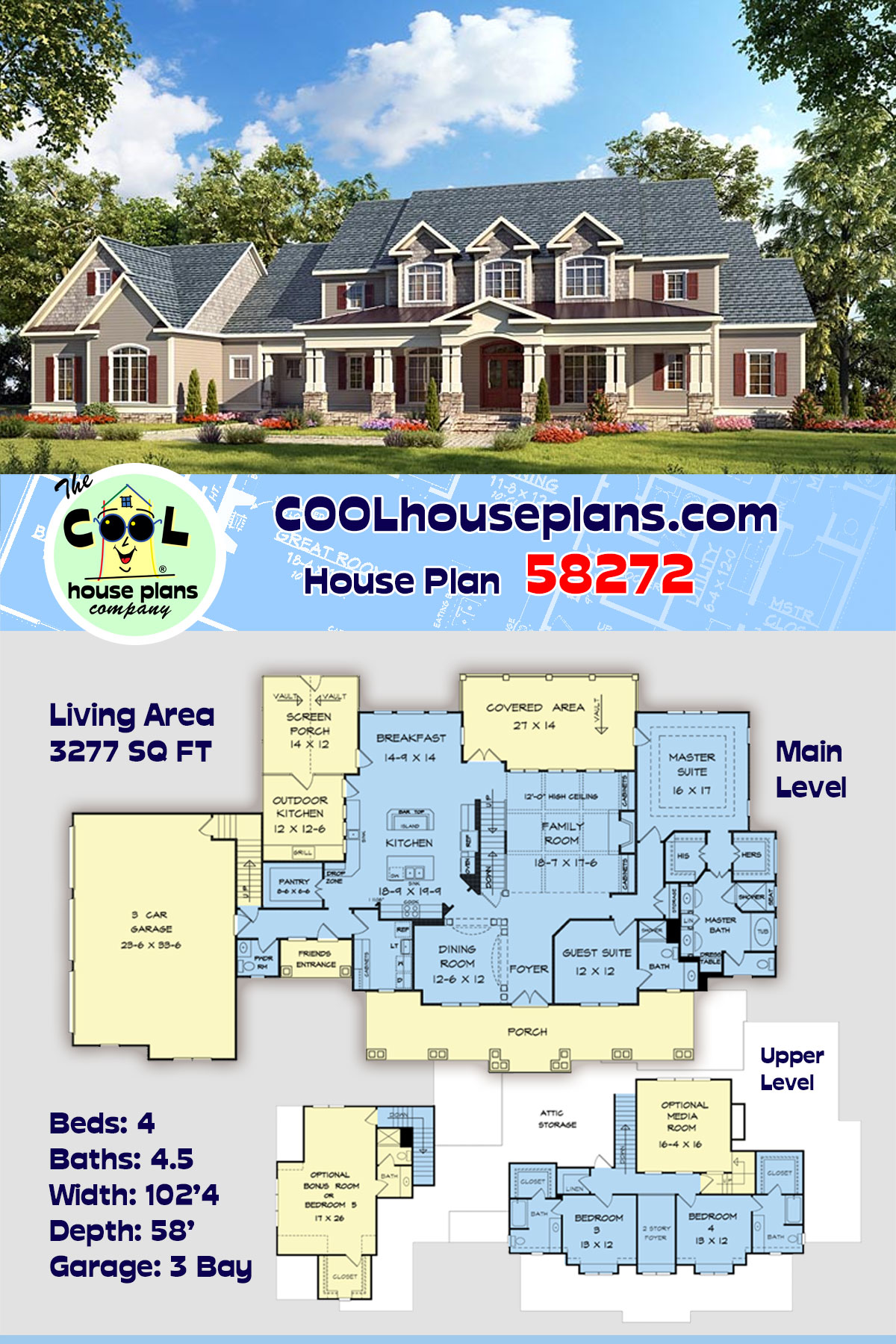 Country, Craftsman, Farmhouse, Southern, Traditional House Plan 58272 with 4 Beds, 5 Baths, 3 Car Garage