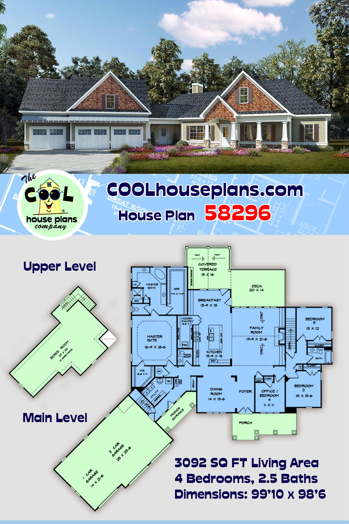Cottage, Country, Craftsman House Plan 58296 with 4 Beds, 3 Baths, 3 Car Garage