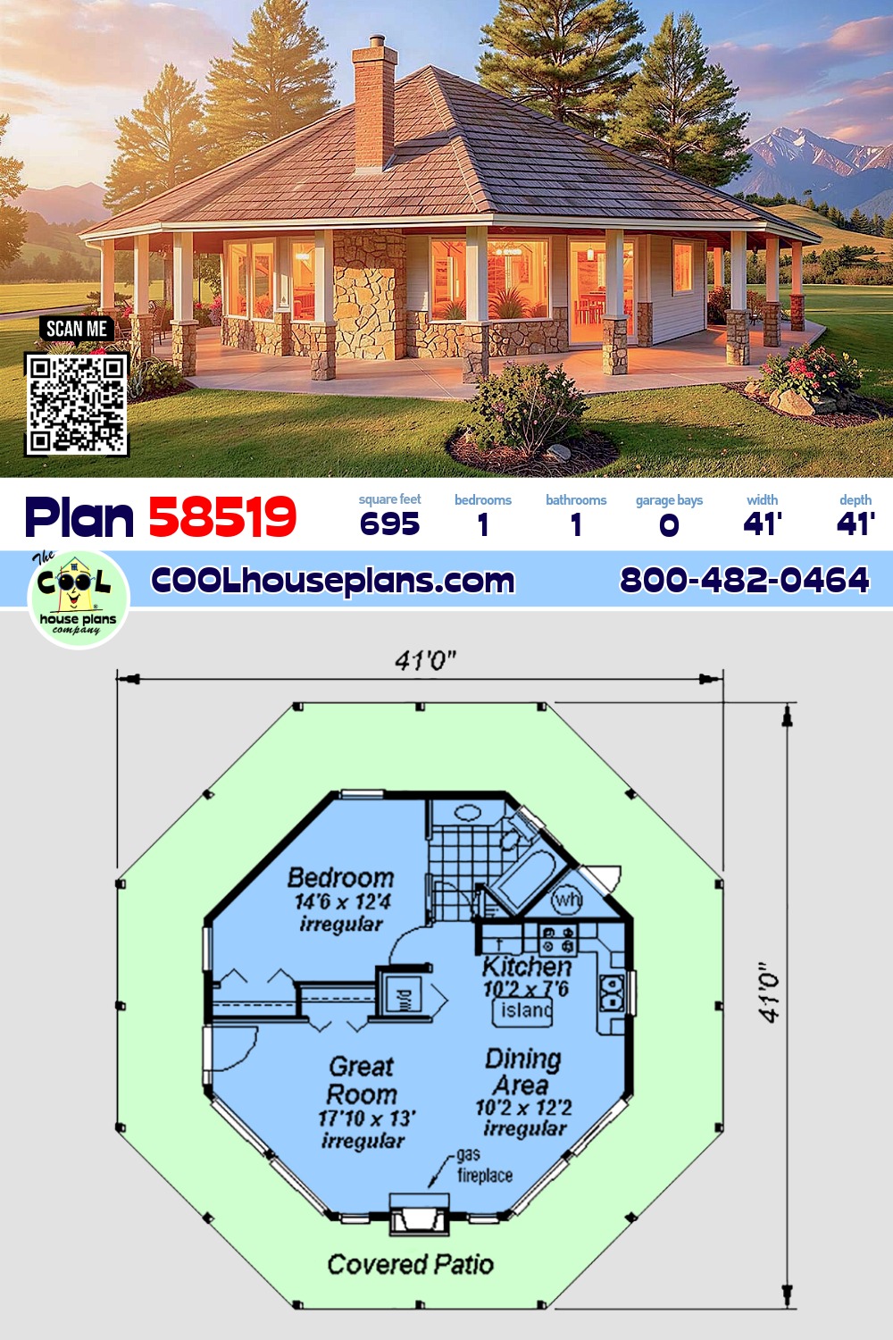 Contemporary House Plan 58519 with 1 Beds, 1 Baths