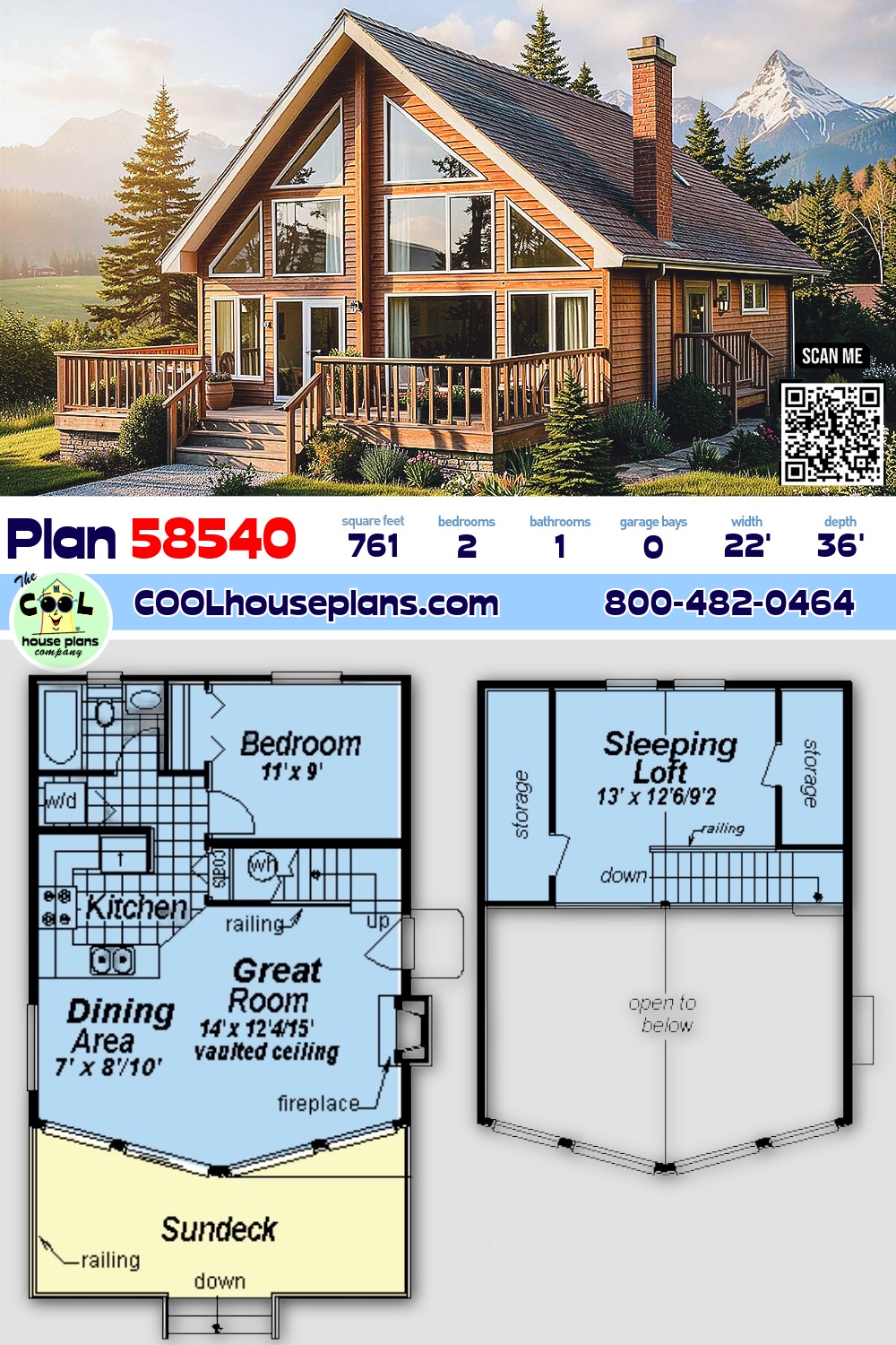Contemporary House Plan 58540 with 2 Beds, 1 Baths