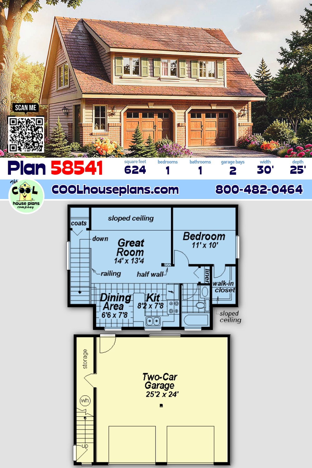 Cape Cod, Contemporary, Craftsman 2 Car Garage Plan 58541 with 1 Beds, 1 Baths