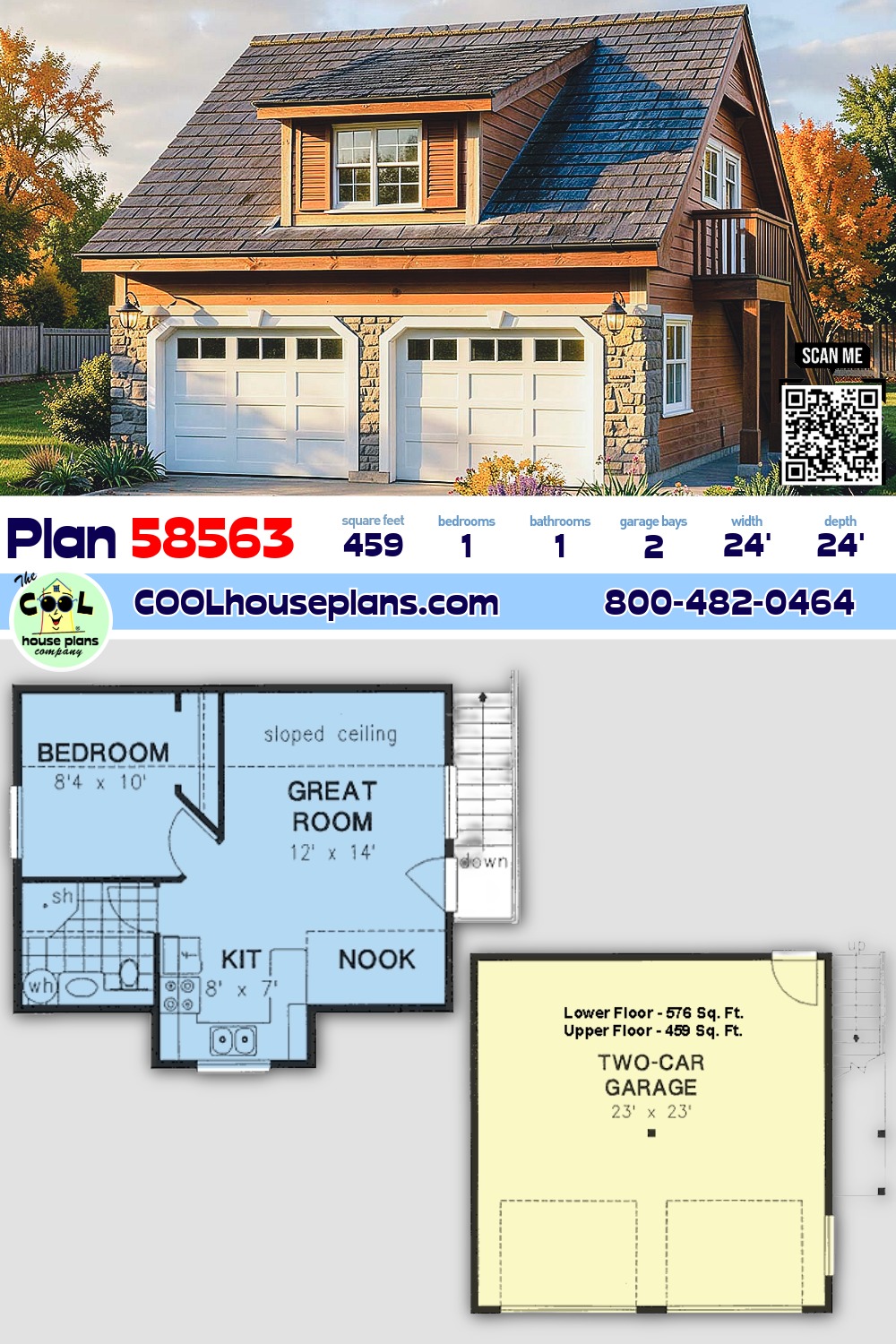 Contemporary, Country 2 Car Garage Plan 58563 with 1 Beds, 1 Baths