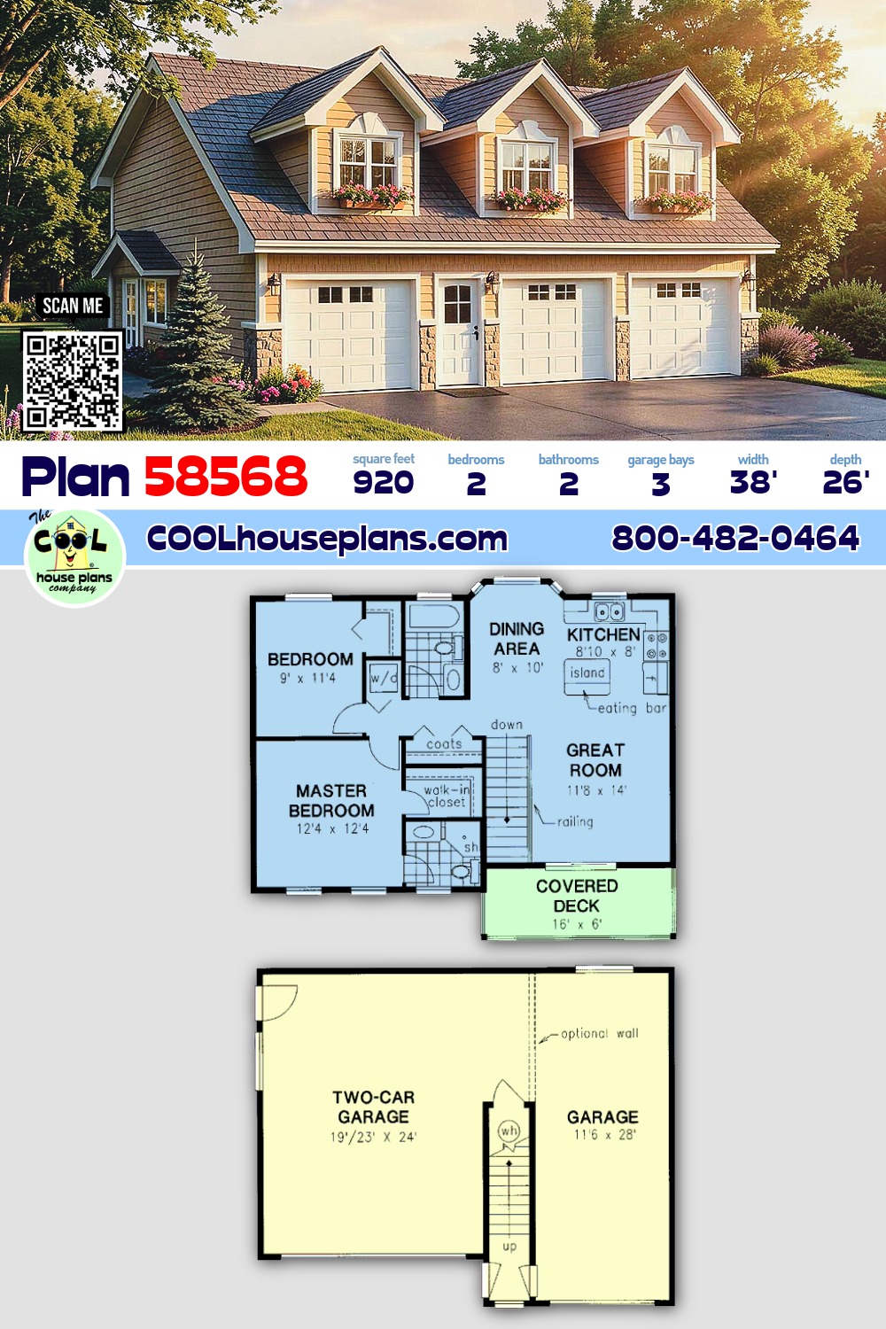 Cape Cod, Country, Traditional 3 Car Garage Plan 58568 with 2 Beds, 2 Baths