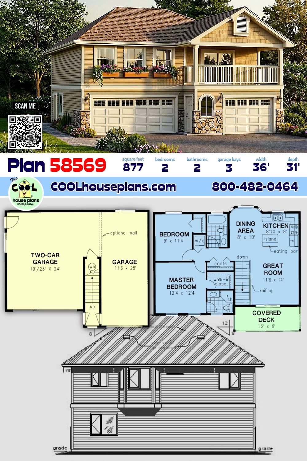 European, Ranch, Traditional Garage-Living Plan 58569 with 2 Beds, 2 Baths, 3 Car Garage European, Ranch, Traditional Garage-Living Plan 58569 with 2 Beds, 2 Baths, 3 Car Garage