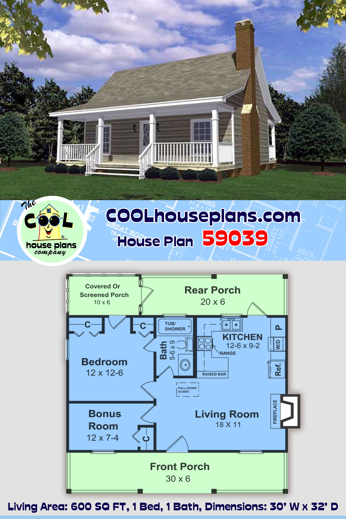 Cottage, Country, Southern House Plan 59039 with 1 Beds, 1 Baths