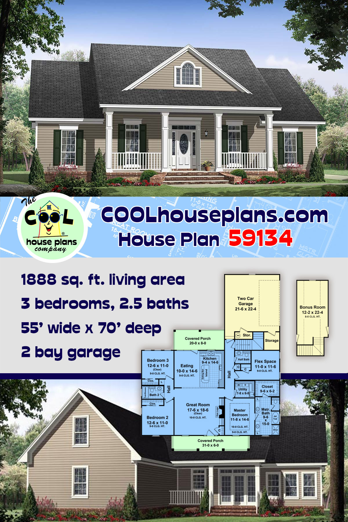 Country, Ranch, Traditional House Plan 59134 with 3 Beds, 3 Baths, 2 Car Garage