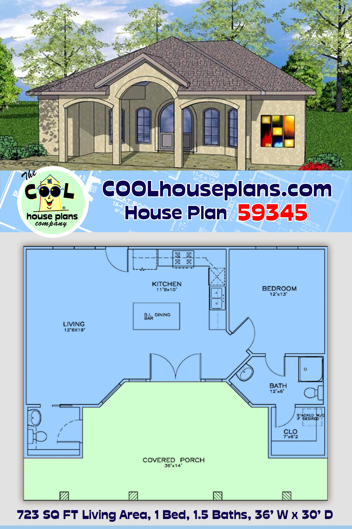 Cottage, Craftsman House Plan 59345 with 1 Beds, 2 Baths