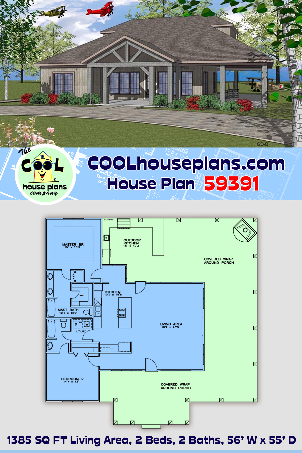 Cottage, Southern House Plan 59391 with 2 Beds, 2 Baths