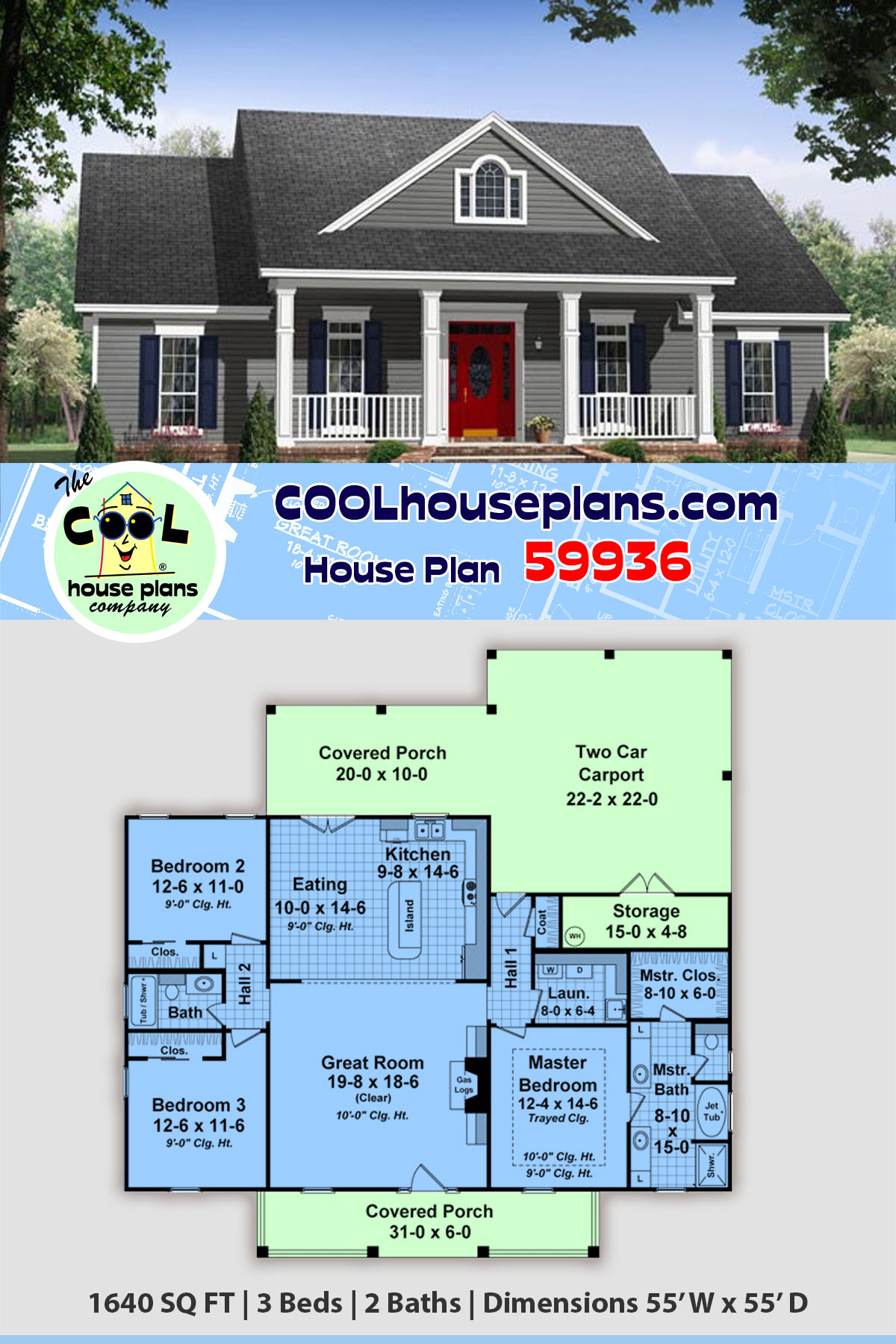 Country, Ranch, Traditional House Plan 59936 with 3 Beds, 2 Baths, 2 Car Garage
