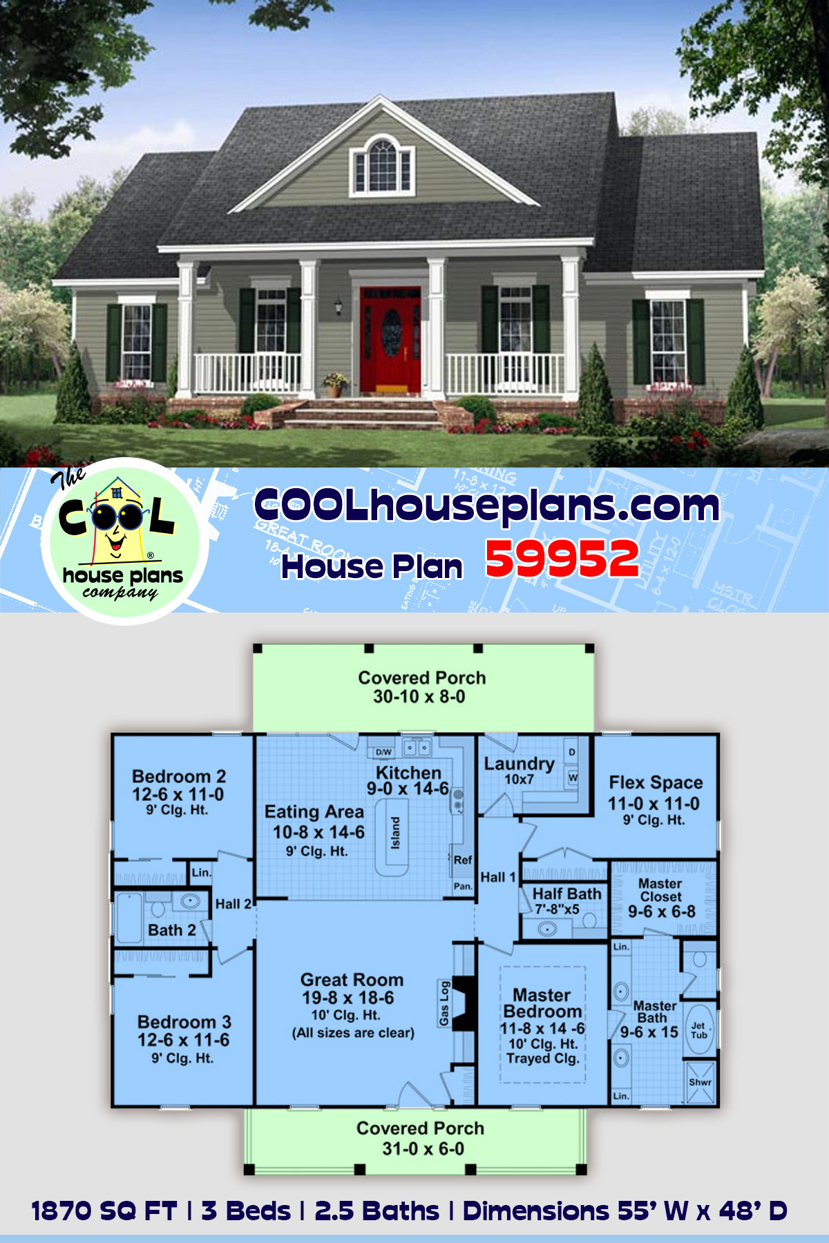 Colonial, Country, Traditional House Plan 59952 with 3 Beds, 3 Baths