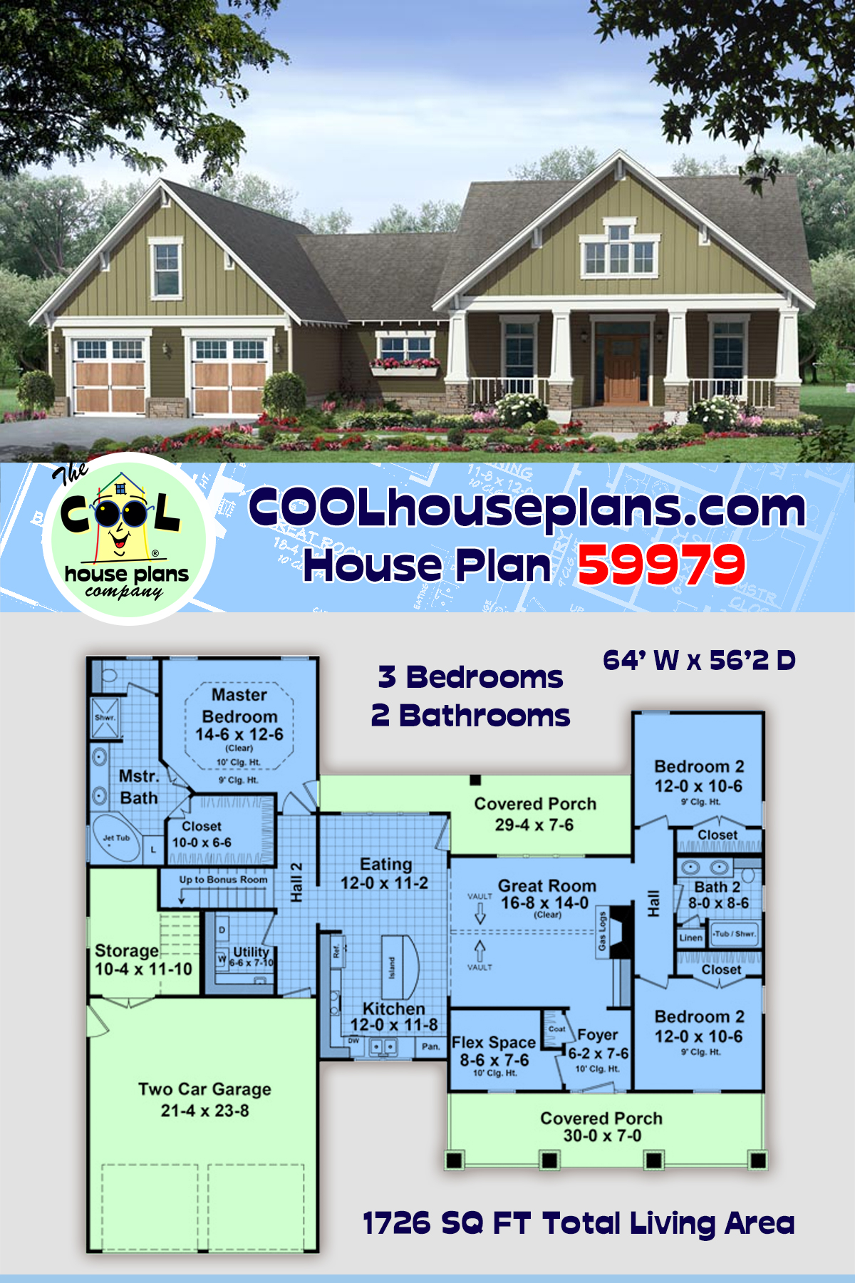 Country, Craftsman, Traditional House Plan 59979 with 3 Beds, 2 Baths, 2 Car Garage