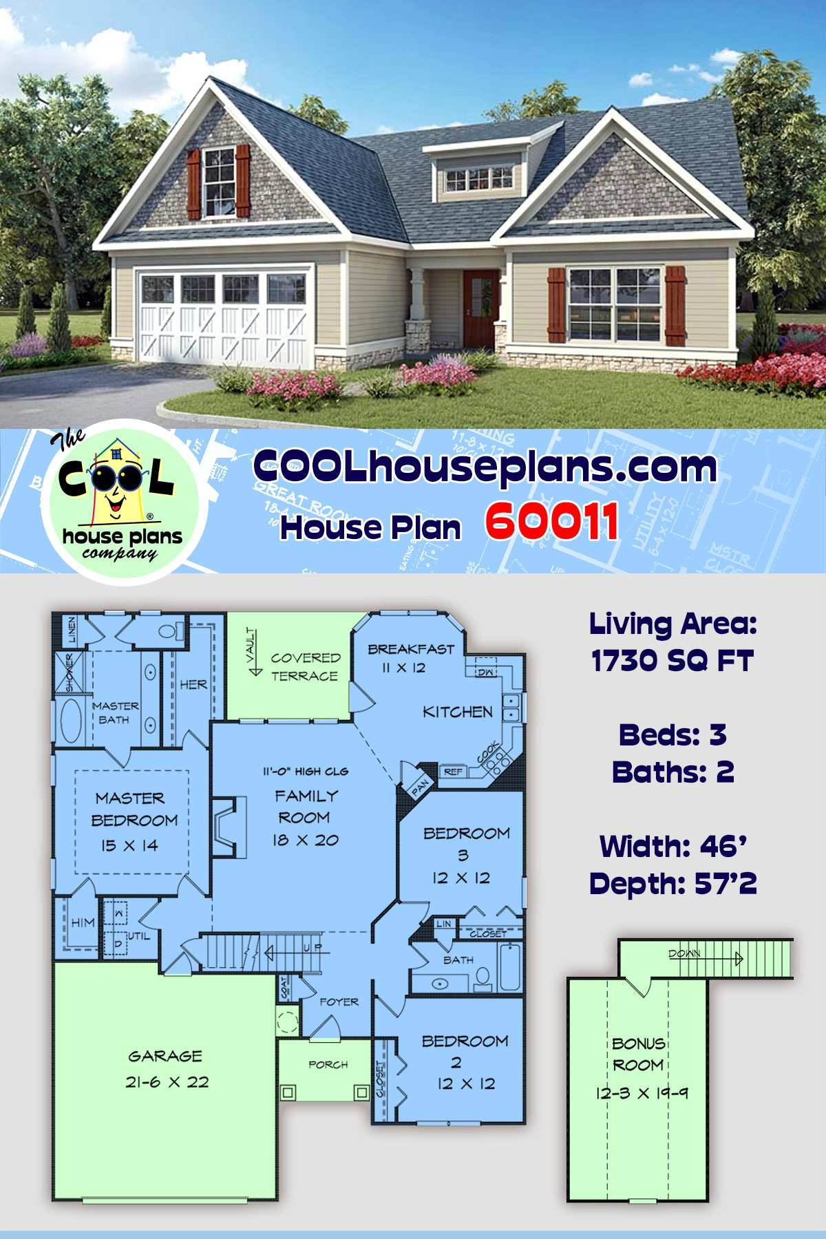 Country, Craftsman, Traditional House Plan 60011 with 3 Beds, 2 Baths, 2 Car Garage
