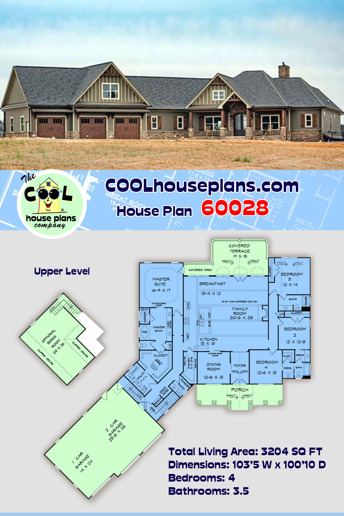 Cottage, Country, Craftsman House Plan 60028 with 4 Beds, 4 Baths, 3 Car Garage