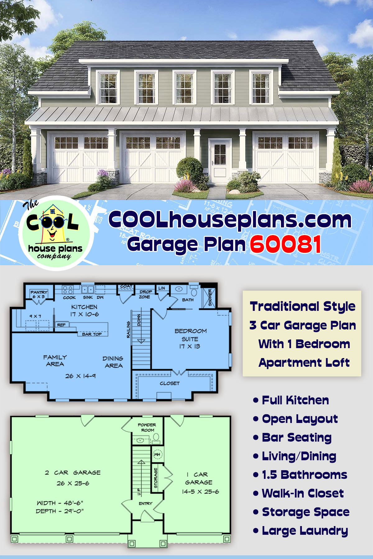 Country, Traditional 3 Car Garage Apartment Plan 60081 with 1 Beds, 2 Baths