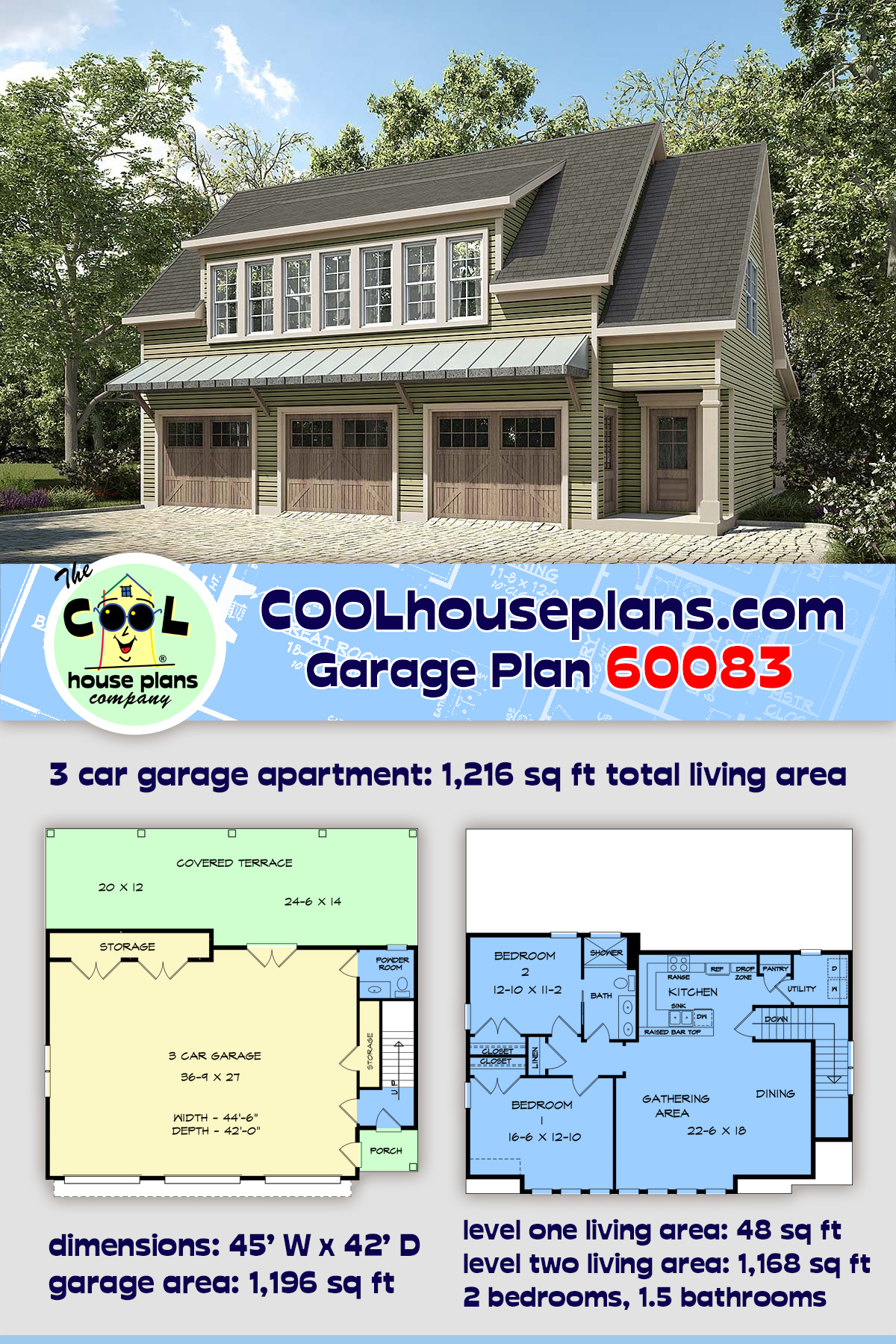 Country, Craftsman, Traditional 3 Car Garage Apartment Plan 60083 with 2 Beds, 2 Baths