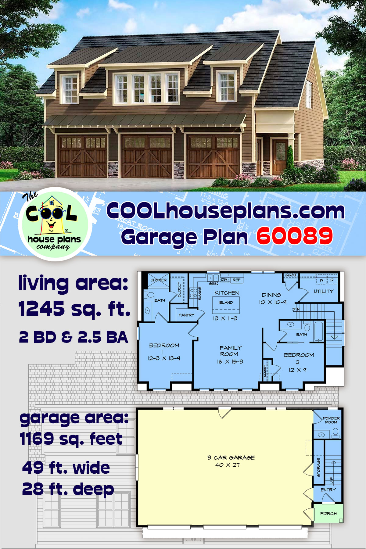 Country, Craftsman 3 Car Garage Apartment Plan 60089 with 2 Beds, 3 Baths
