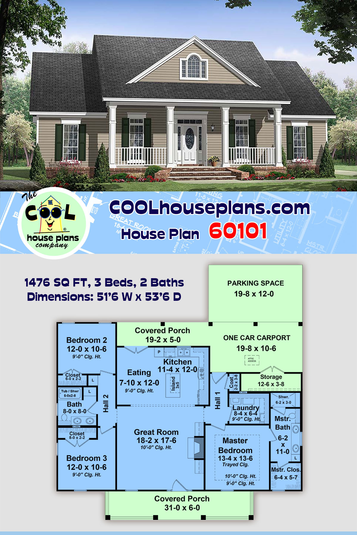 Country, Ranch, Traditional House Plan 60101 with 3 Beds, 2 Baths, 1 Car Garage