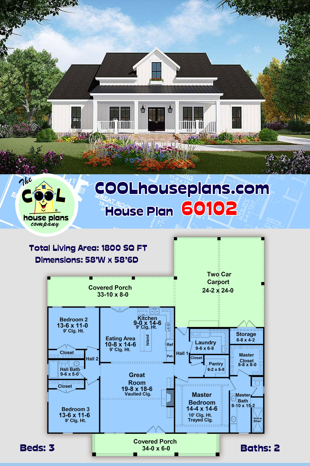 Country, Farmhouse, Southern House Plan 60102 with 3 Beds, 2 Baths