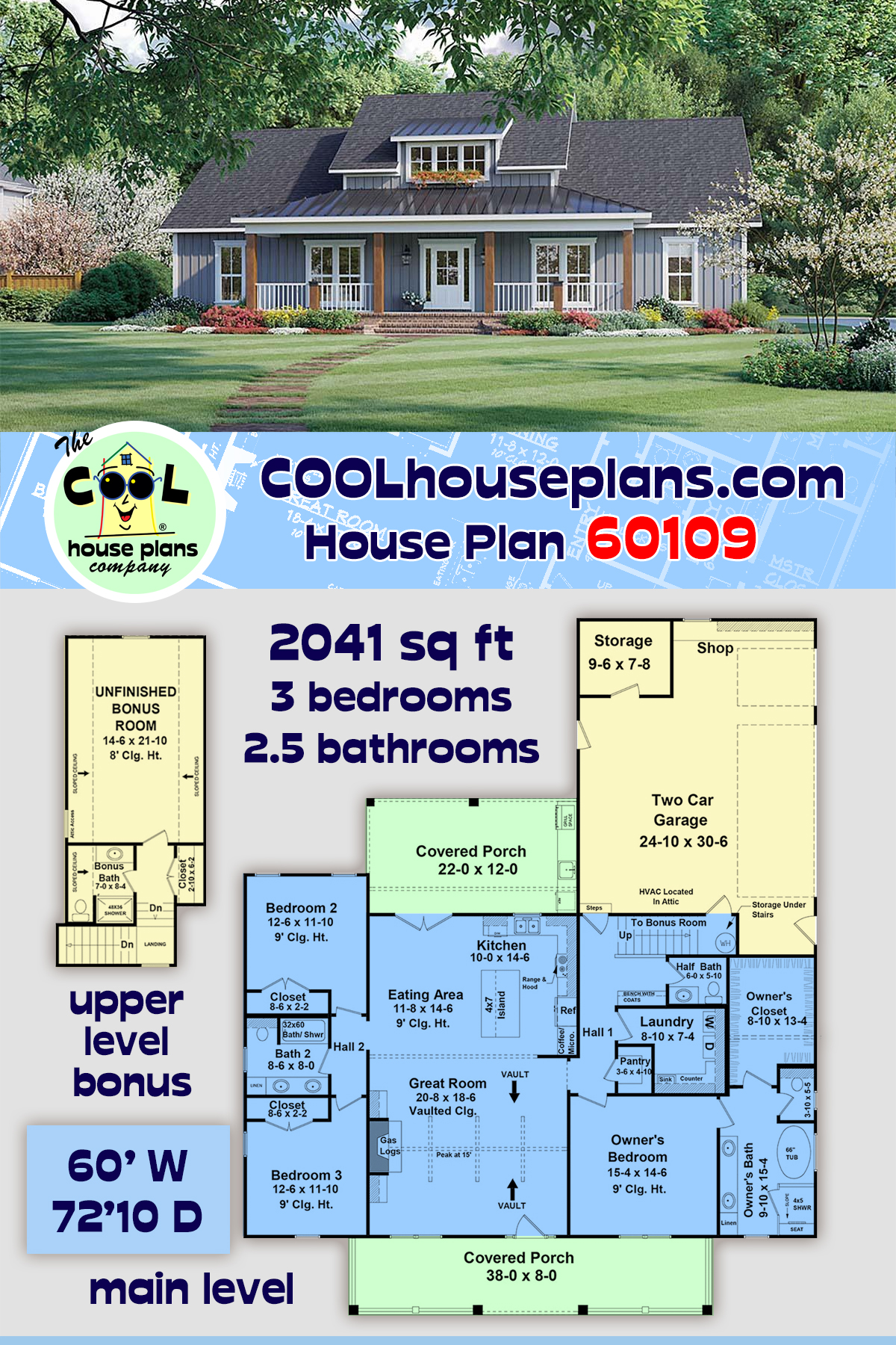 Country, Farmhouse, Ranch House Plan 60109 with 3 Beds, 3 Baths, 2 Car Garage