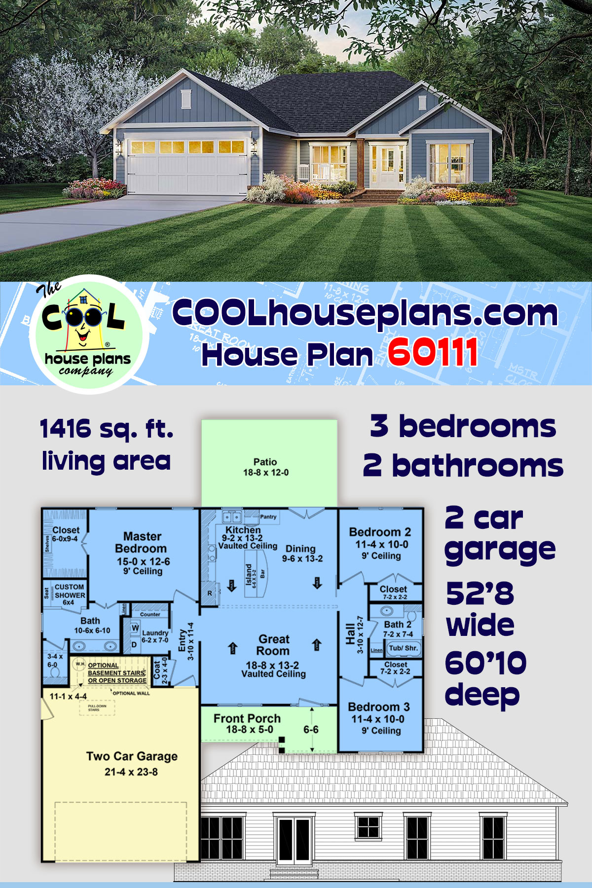 Country, Farmhouse, Ranch, Traditional House Plan 60111 with 3 Beds, 2 Baths, 2 Car Garage