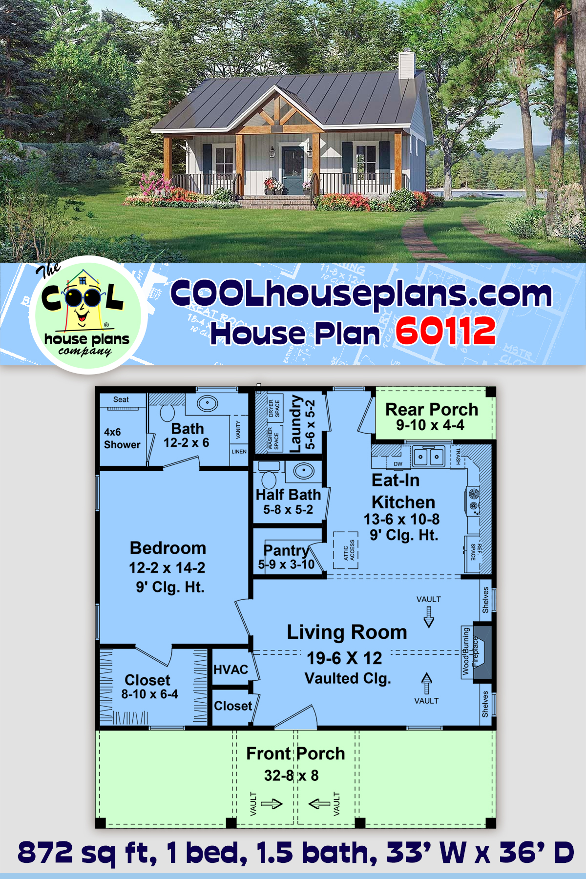 Cottage, Country, Farmhouse, Ranch House Plan 60112 with 1 Beds, 2 Baths