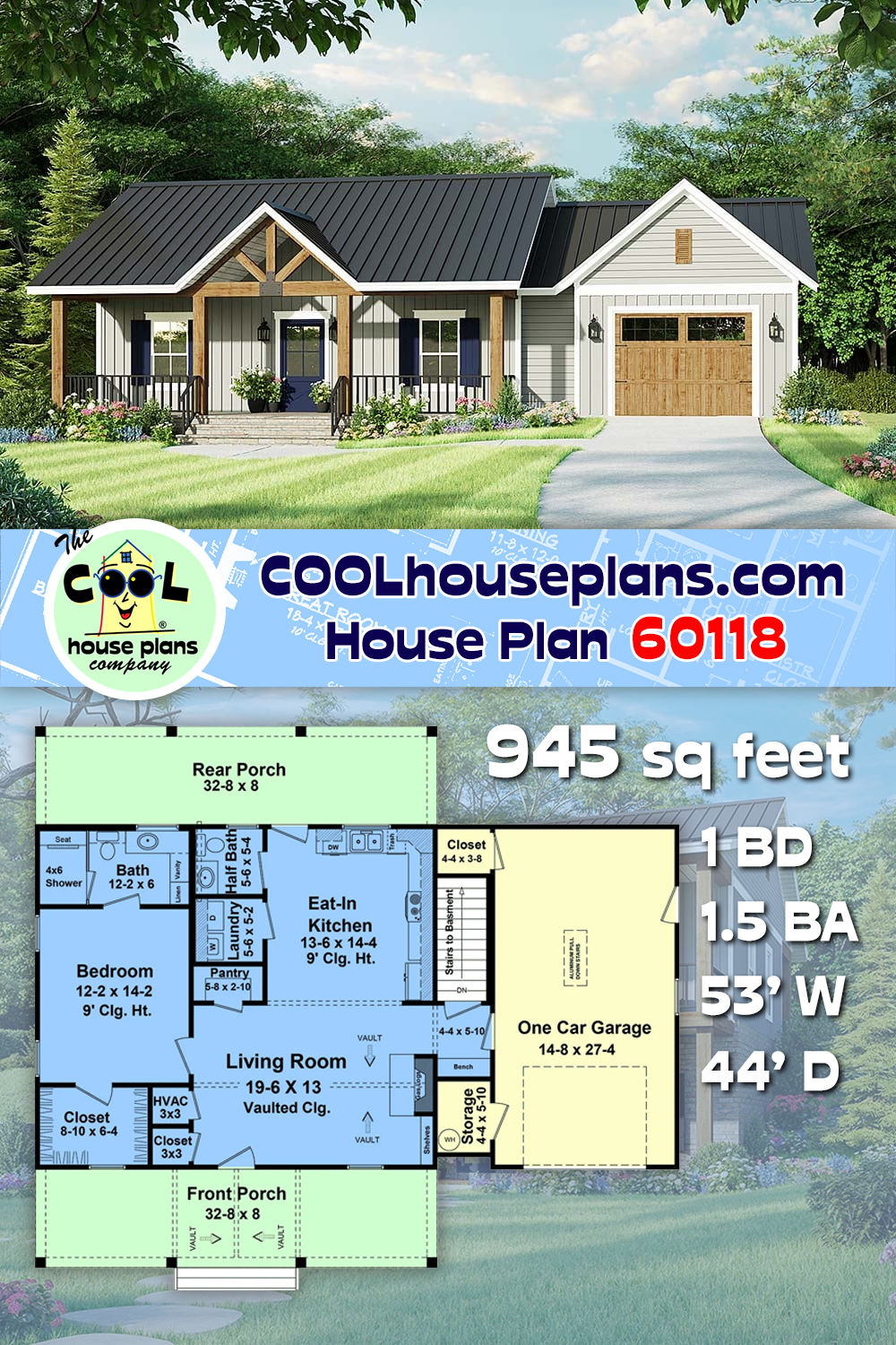 Cottage, Country, Farmhouse, Ranch House Plan 60118 with 1 Beds, 2 Baths, 1 Car Garage