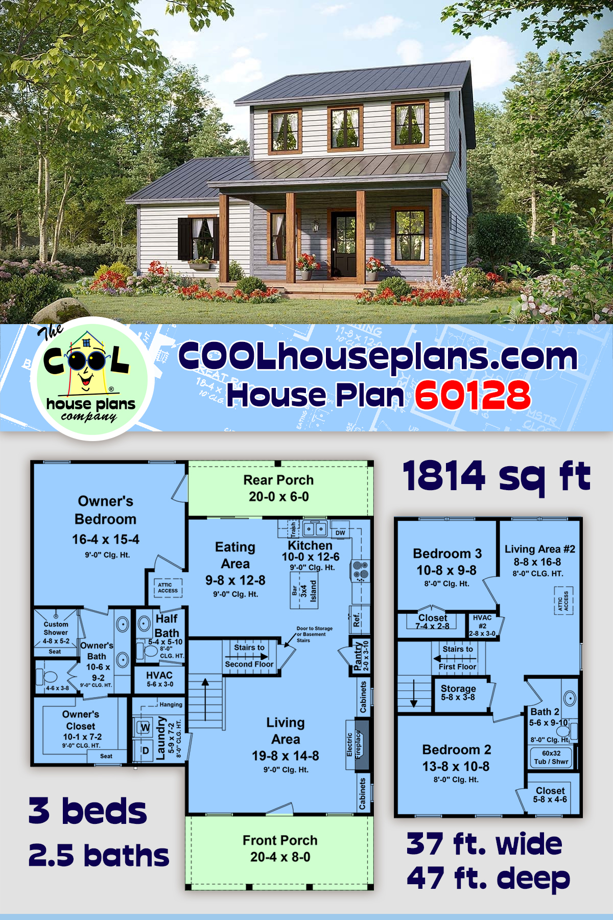 Country, Farmhouse House Plan 60128 with 3 Beds, 3 Baths