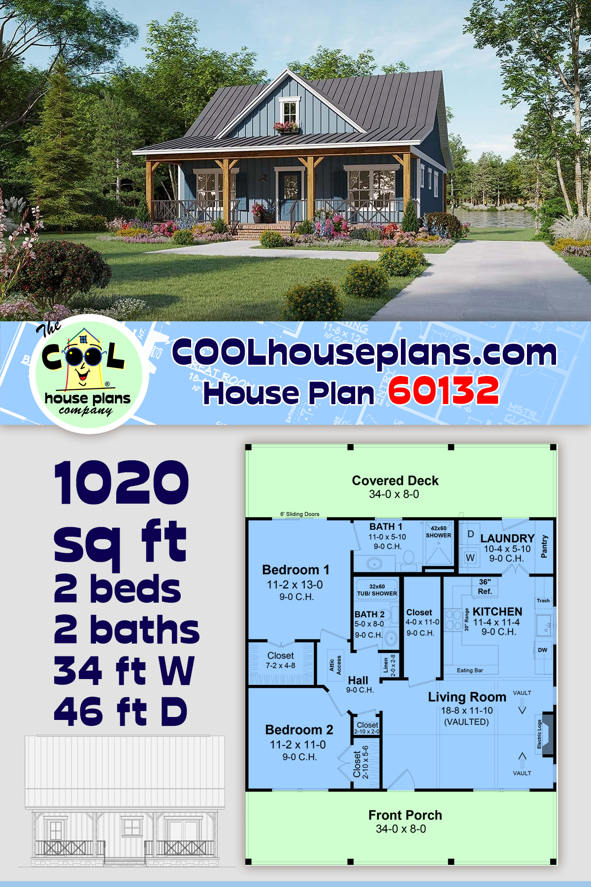 Cottage, Country, Farmhouse, Ranch House Plan 60132 with 2 Beds, 2 Baths