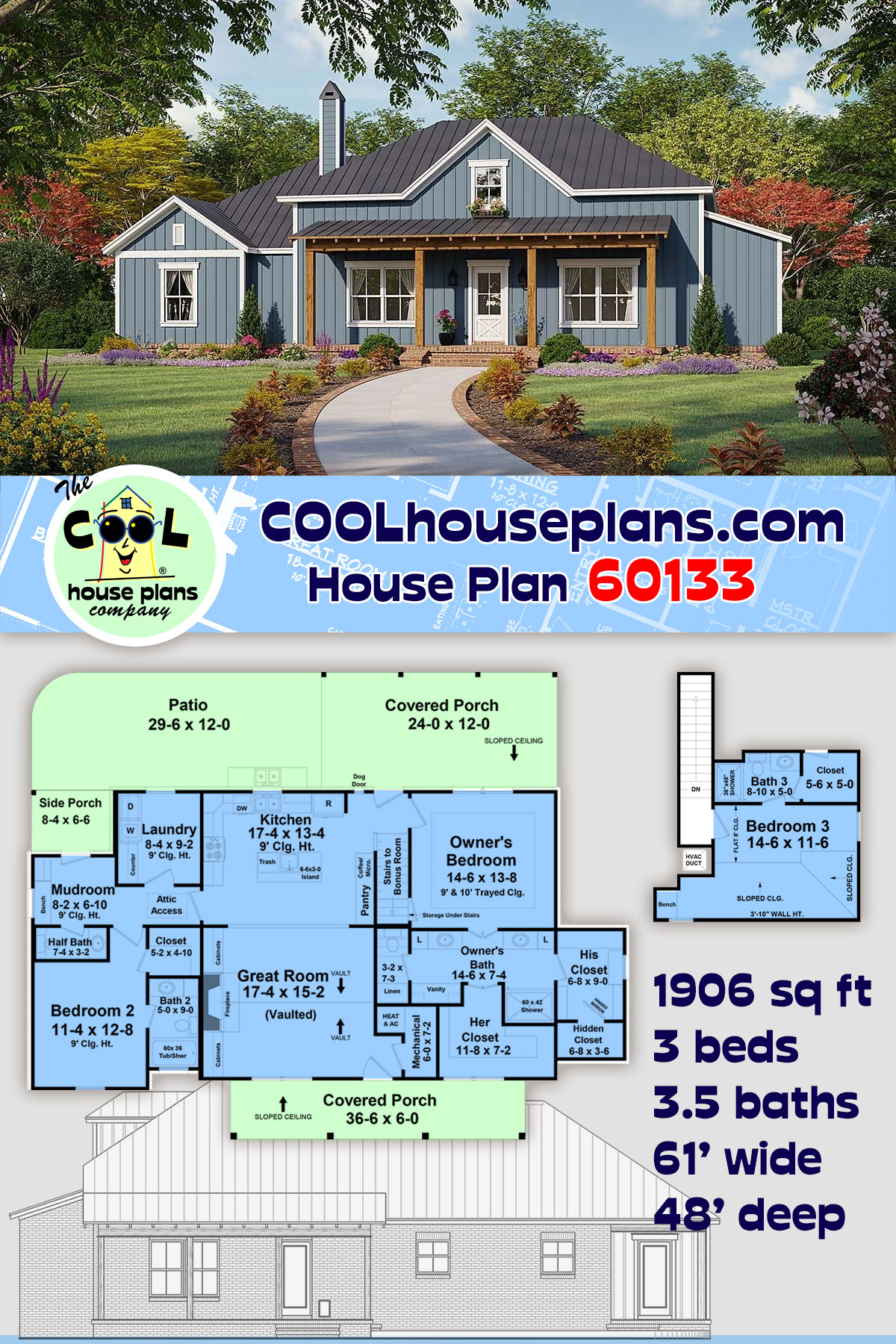 Country, Farmhouse, Traditional House Plan 60133 with 3 Beds, 4 Baths