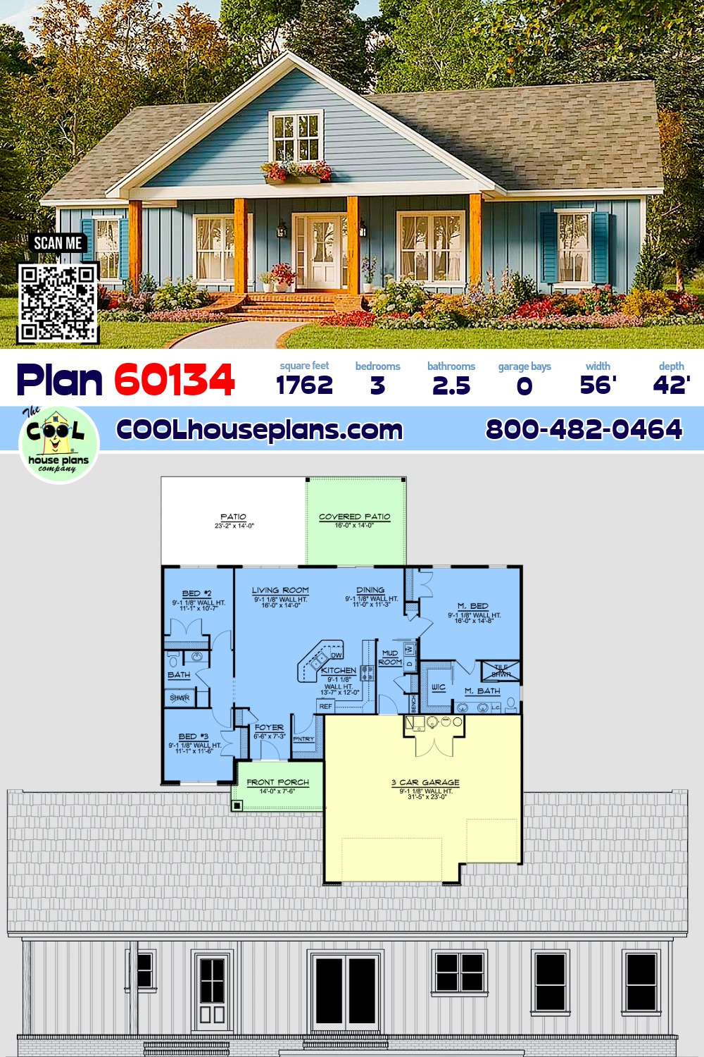 Country, Farmhouse, Traditional House Plan 60134 with 3 Beds, 3 Baths