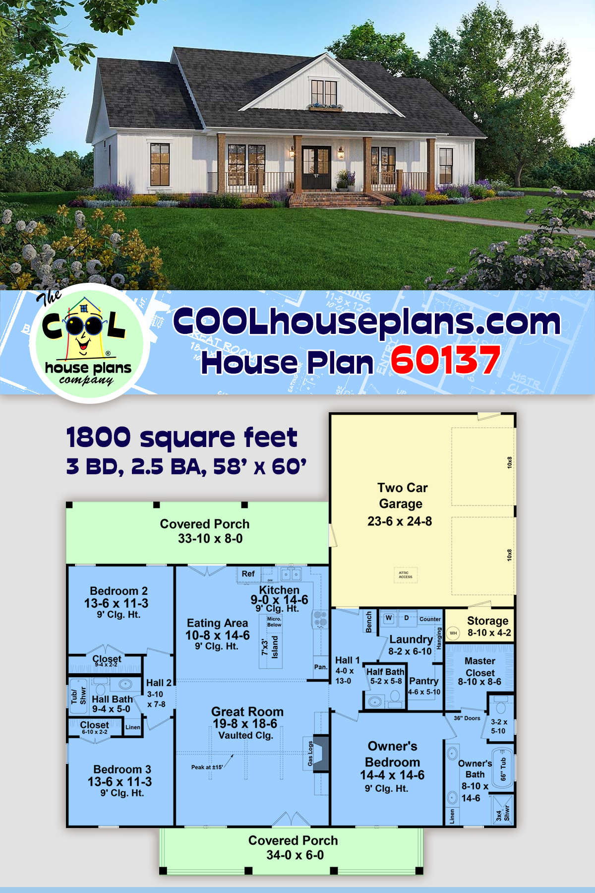 Country, Farmhouse, Ranch House Plan 60137 with 3 Beds, 3 Baths, 2 Car Garage