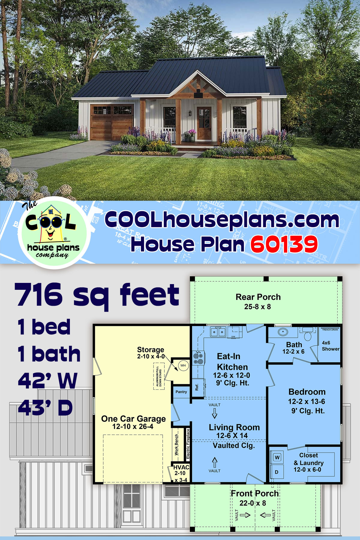 Cottage, Country, Farmhouse, Ranch House Plan 60139 with 1 Beds, 1 Baths, 1 Car Garage