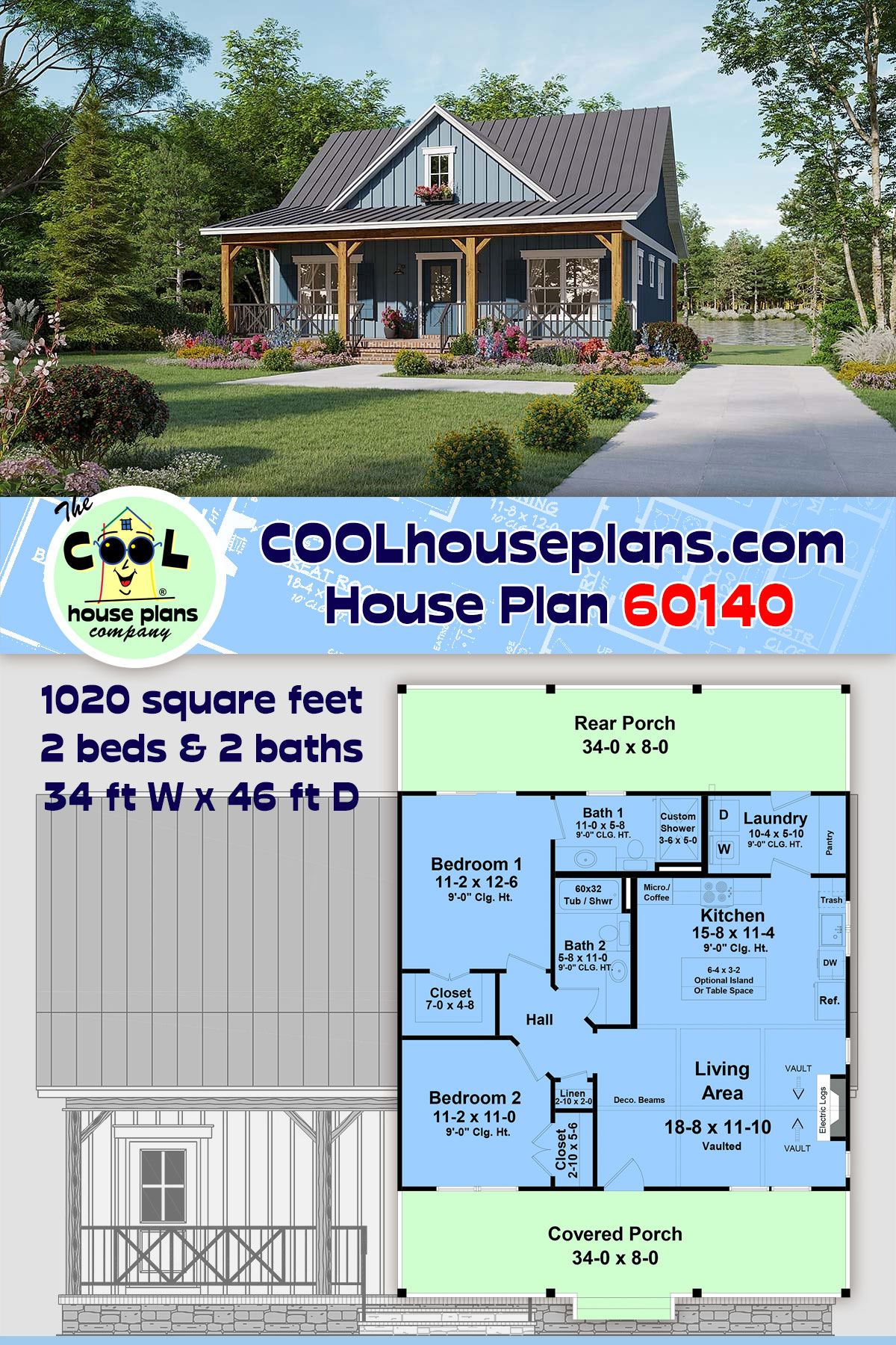 Cottage, Country, Farmhouse, Ranch House Plan 60140 with 2 Beds, 2 Baths