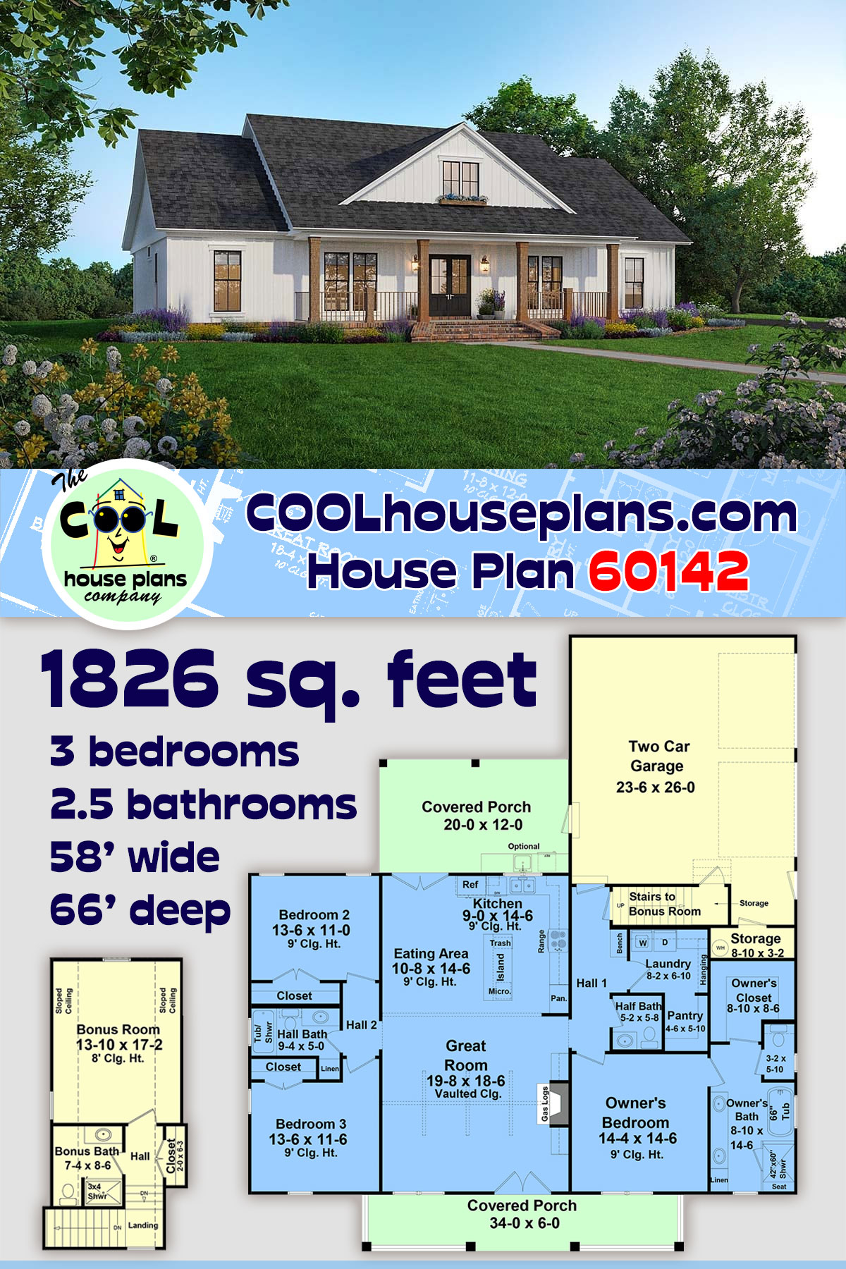 Country, Farmhouse, Ranch House Plan 60142 with 3 Beds, 3 Baths, 2 Car Garage