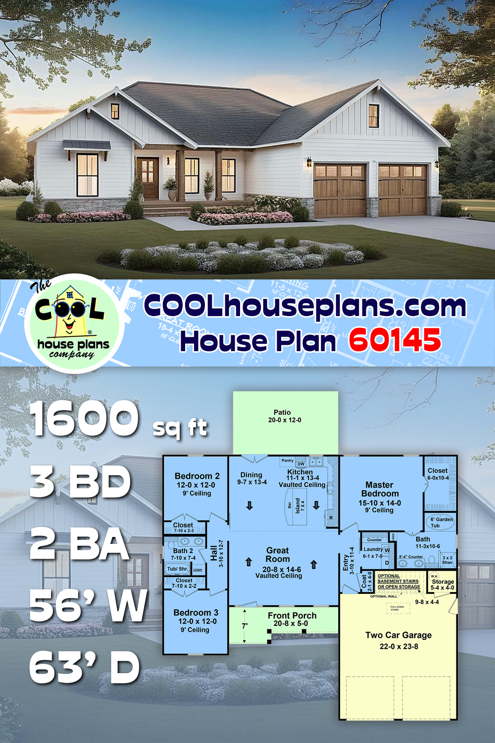 Country, Farmhouse, Ranch, Traditional House Plan 60145 with 3 Beds, 2 Baths, 2 Car Garage