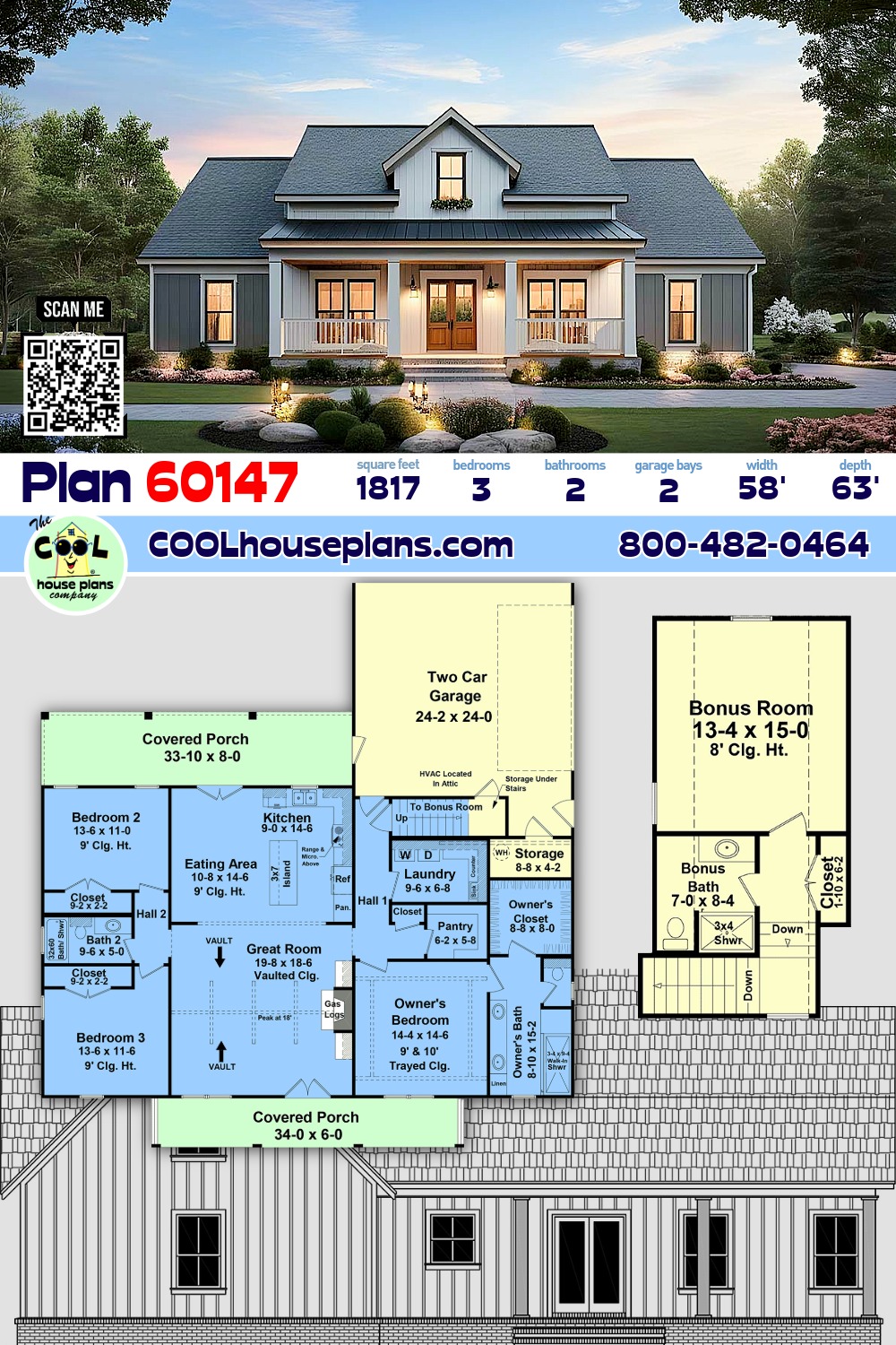 Country, Farmhouse, Ranch House Plan 60147 with 3 Beds, 2 Baths, 2 Car Garage