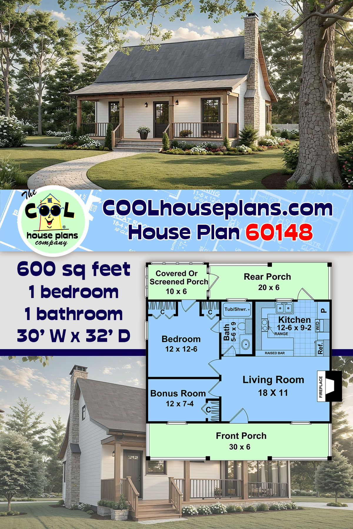 Cottage, Country, Farmhouse House Plan 60148 with 1 Beds, 1 Baths