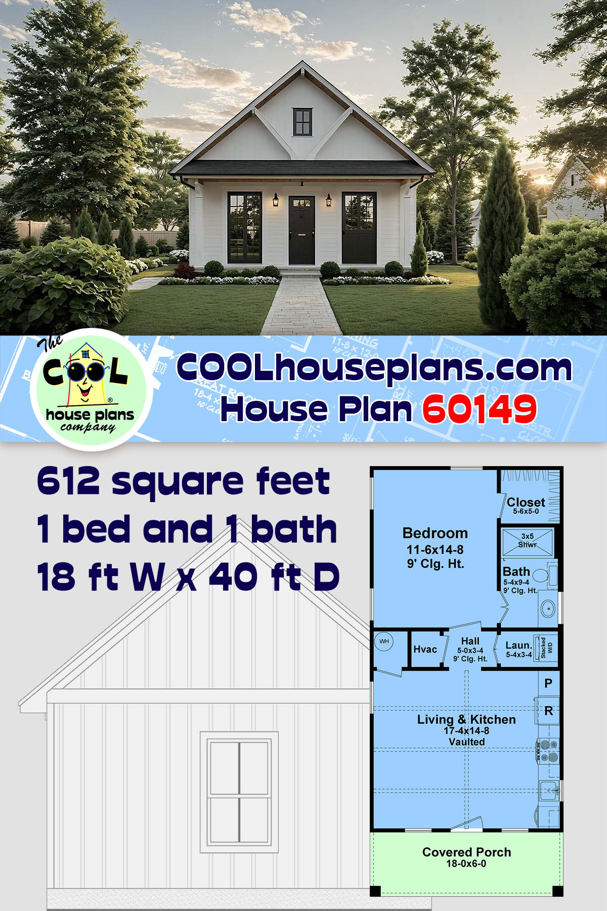 Cottage, Country, Farmhouse House Plan 60149 with 1 Beds, 1 Baths