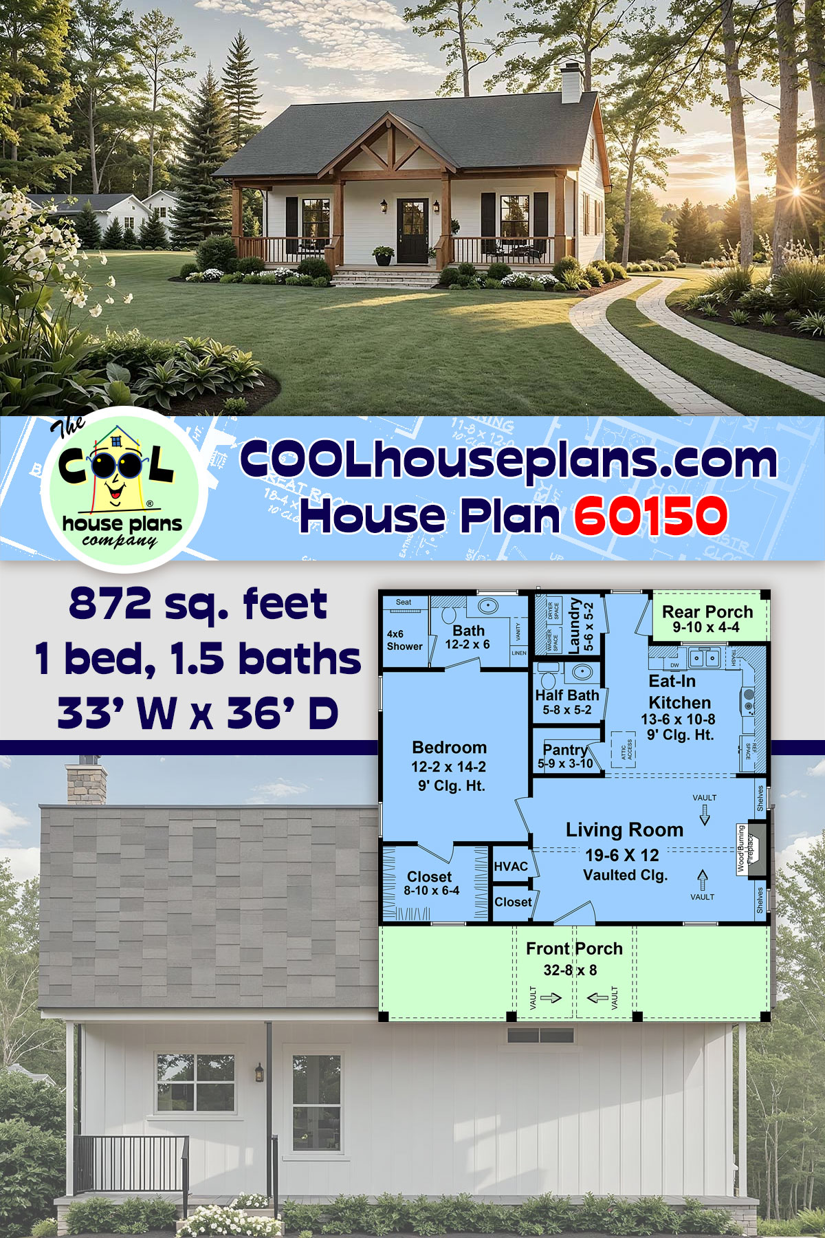 Cottage, Country, Farmhouse, Ranch House Plan 60150 with 1 Beds, 2 Baths