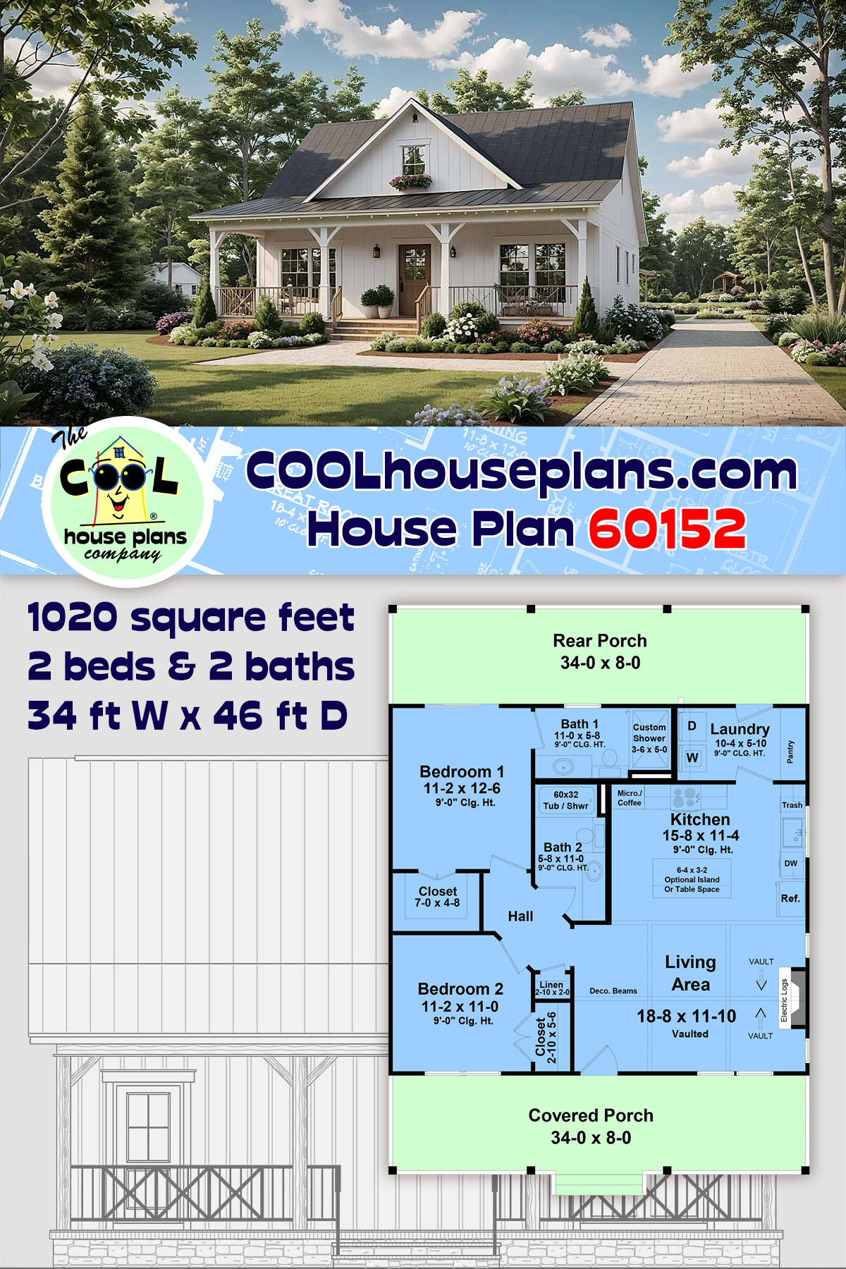 Cottage, Country, Farmhouse, Ranch House Plan 60152 with 2 Beds, 2 Baths