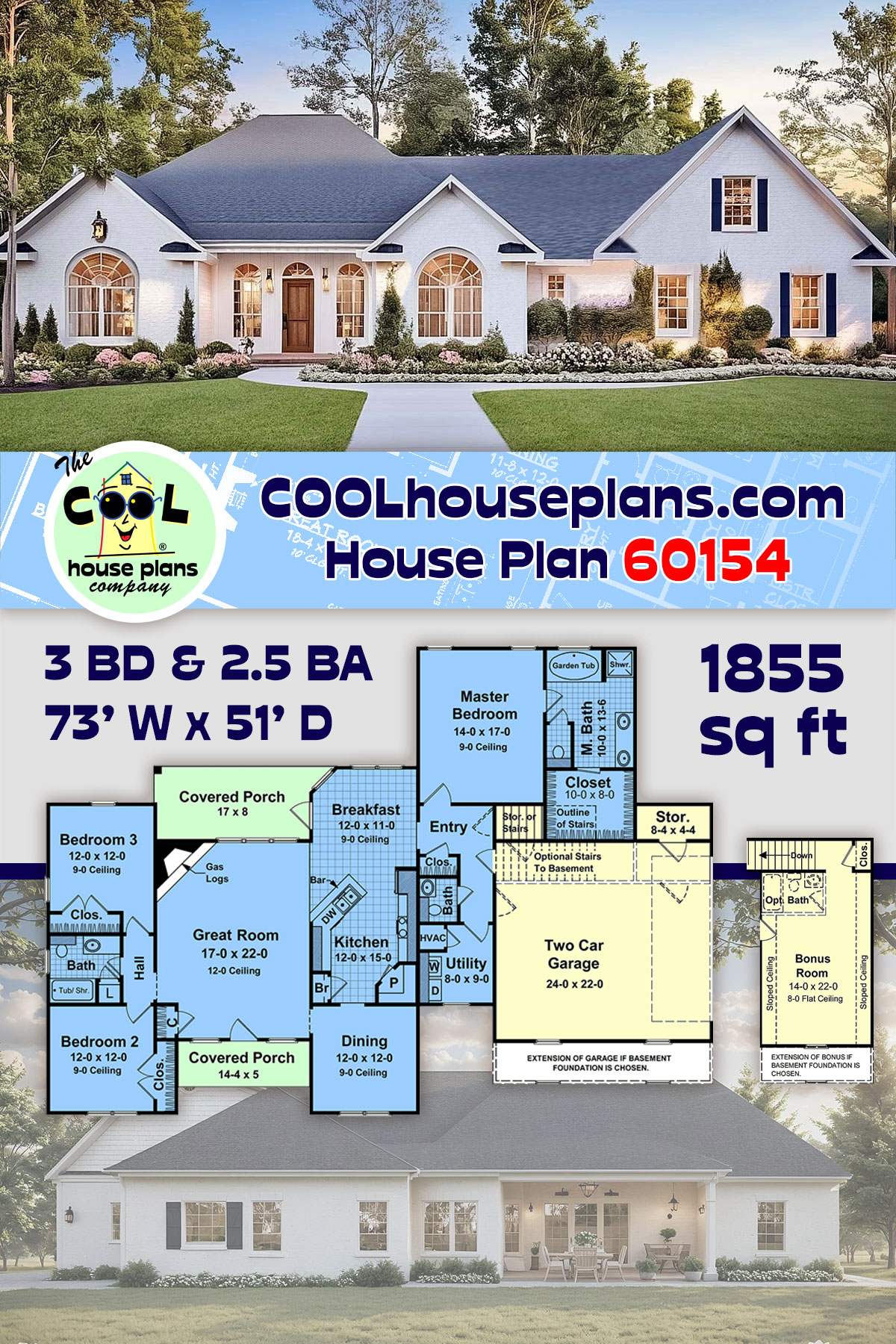 Country, European, Farmhouse House Plan 60154 with 3 Beds, 3 Baths, 2 Car Garage