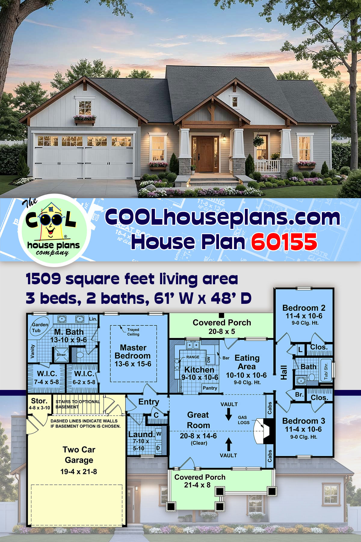 Cottage, Country, Craftsman, Ranch, Traditional House Plan 60155 with 3 Beds, 2 Baths, 2 Car Garage