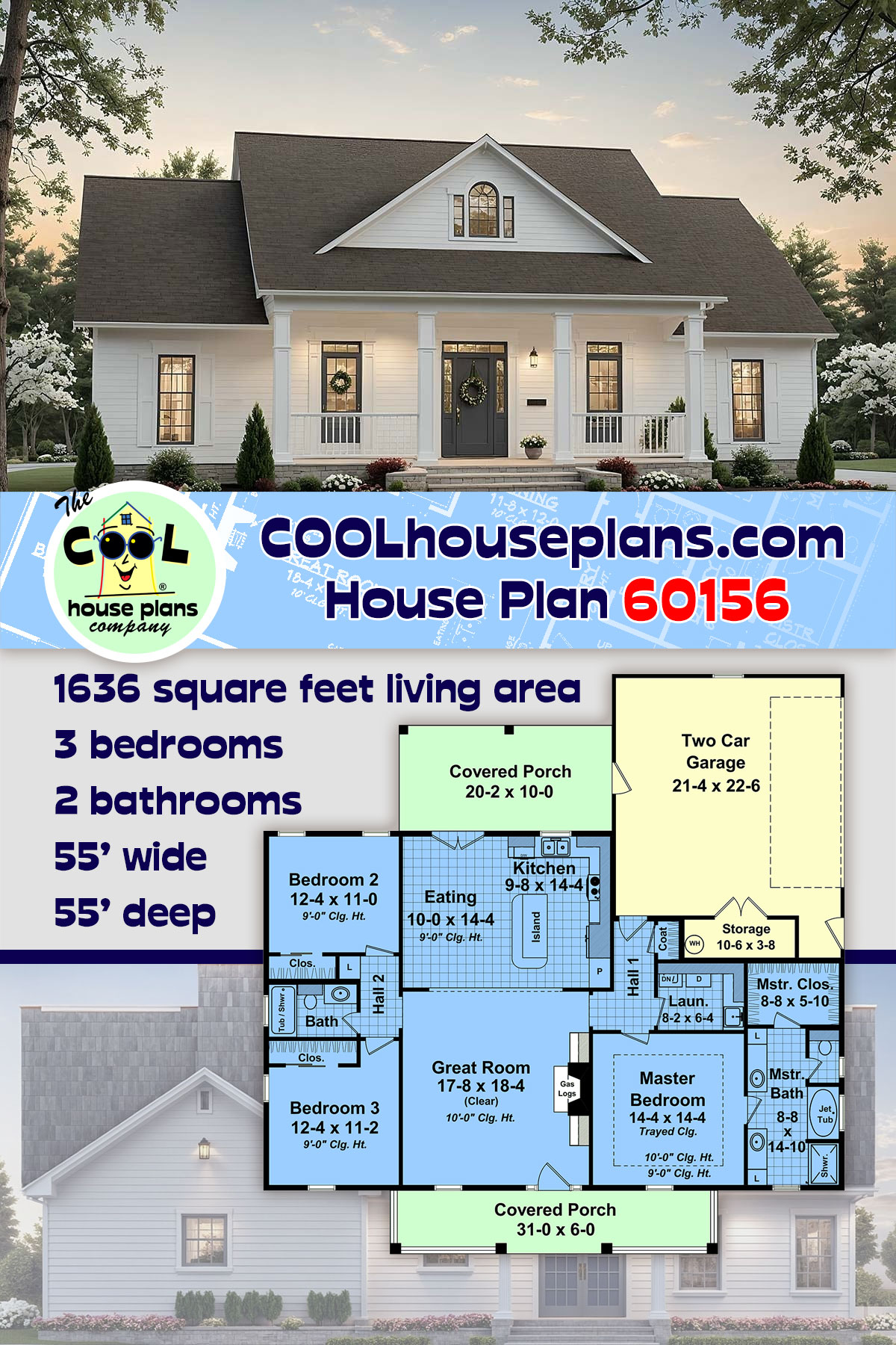 Country, Farmhouse, Traditional House Plan 60156 with 3 Beds, 2 Baths, 2 Car Garage