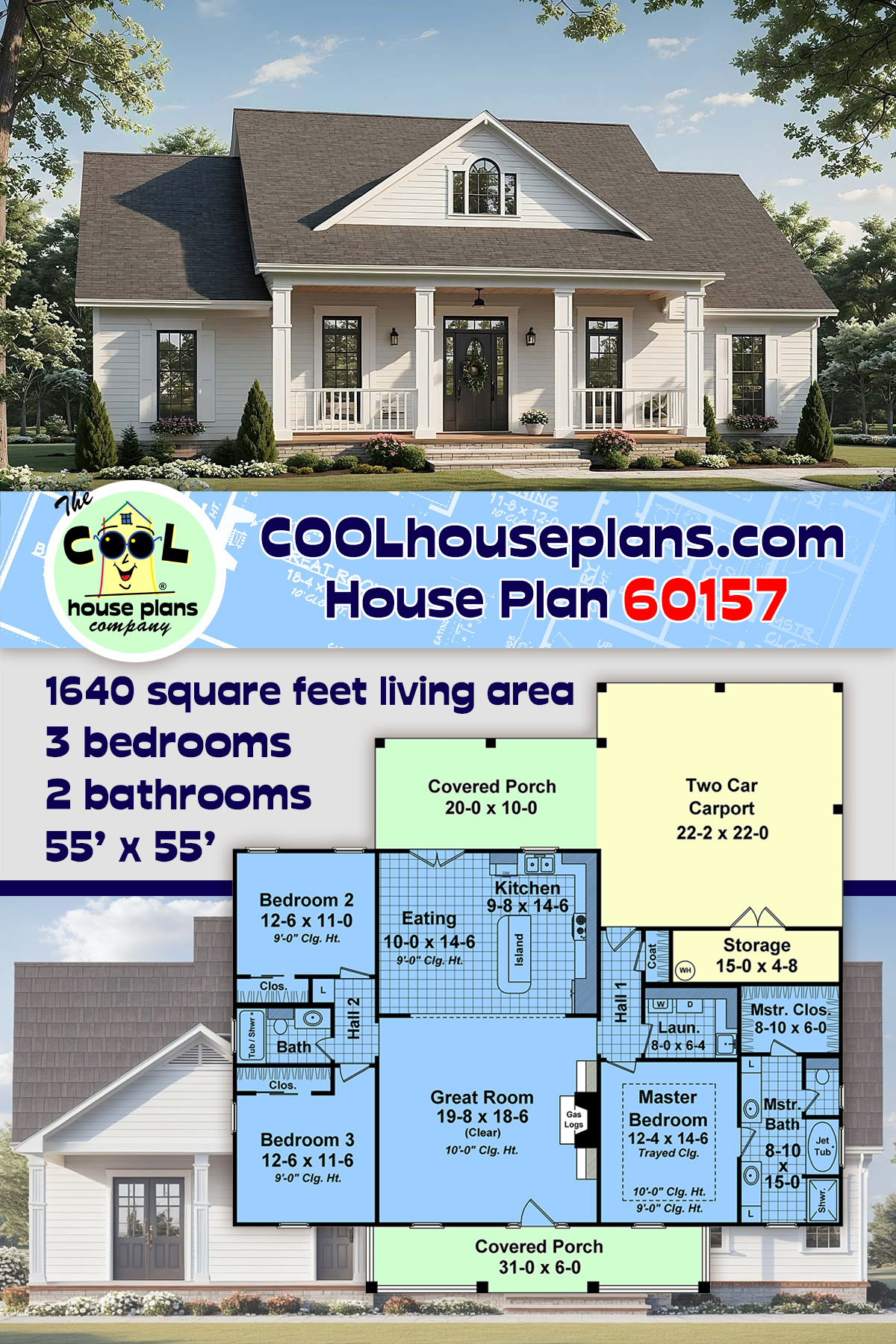 Country, Farmhouse, Traditional House Plan 60157 with 3 Beds, 2 Baths, 2 Car Garage