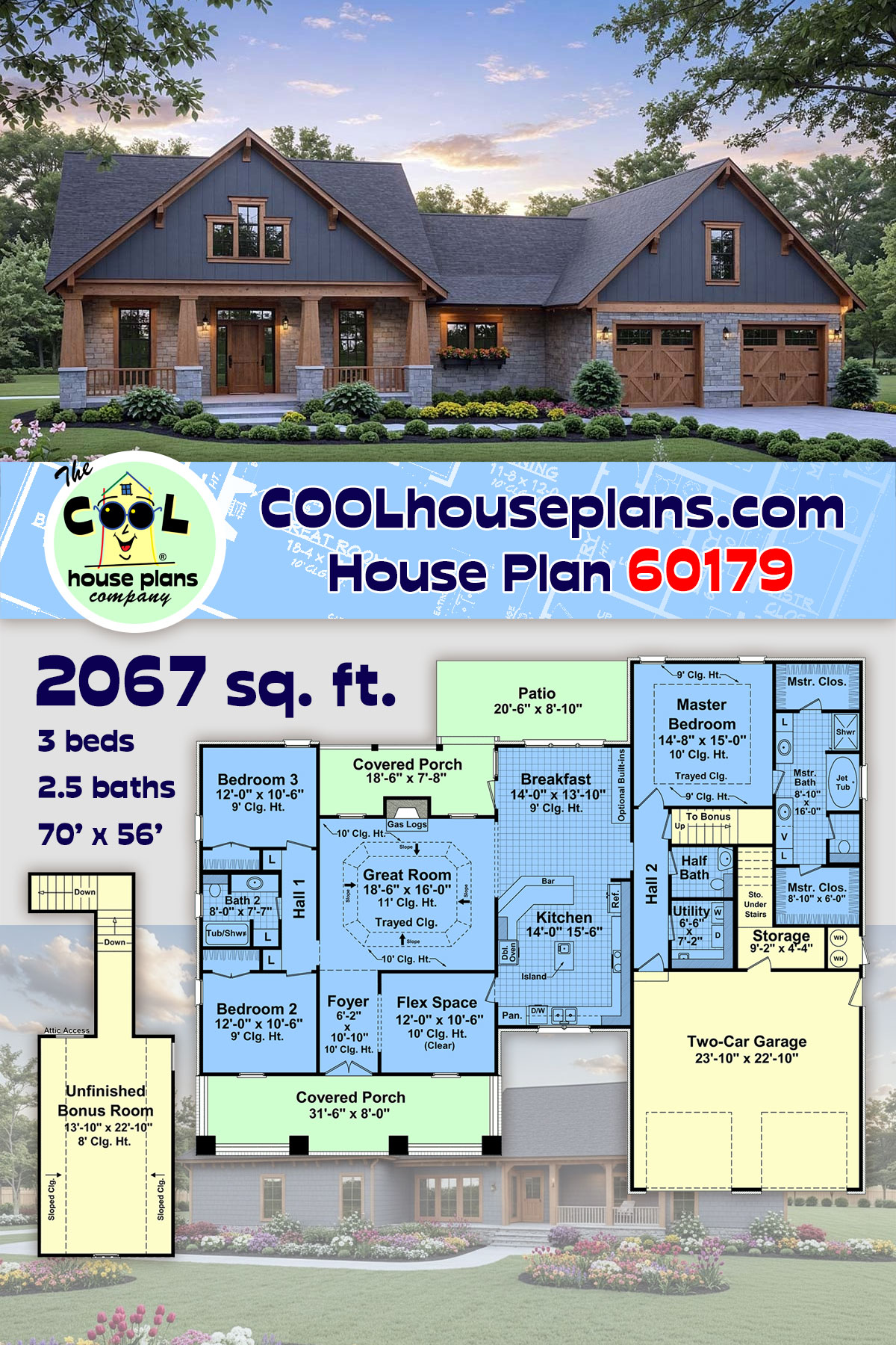 Cottage, Country, Craftsman House Plan 60179 with 3 Beds, 3 Baths, 2 Car Garage