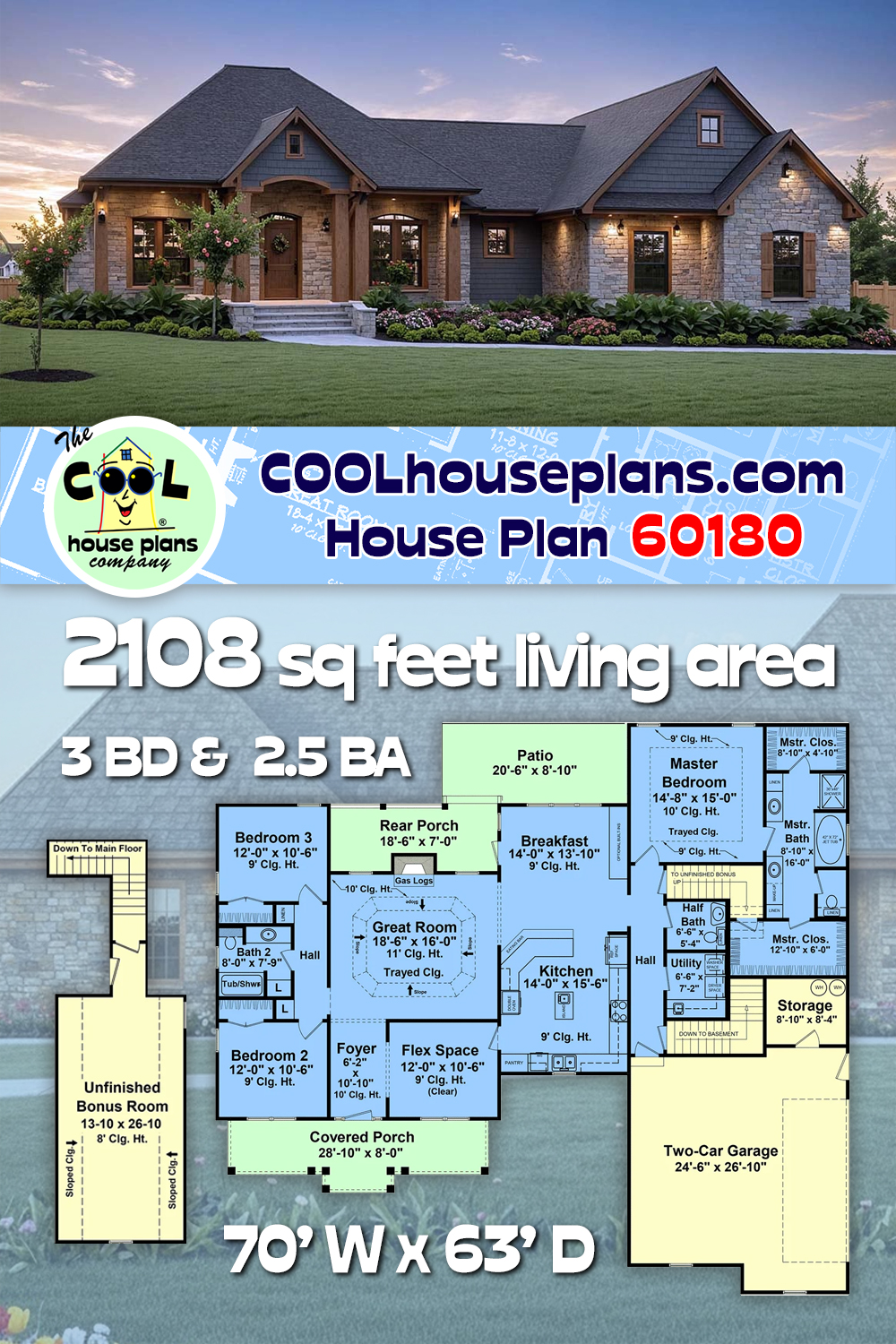 Contemporary, Country, Farmhouse, Traditional House Plan 60180 with 3 Beds, 3 Baths, 2 Car Garage