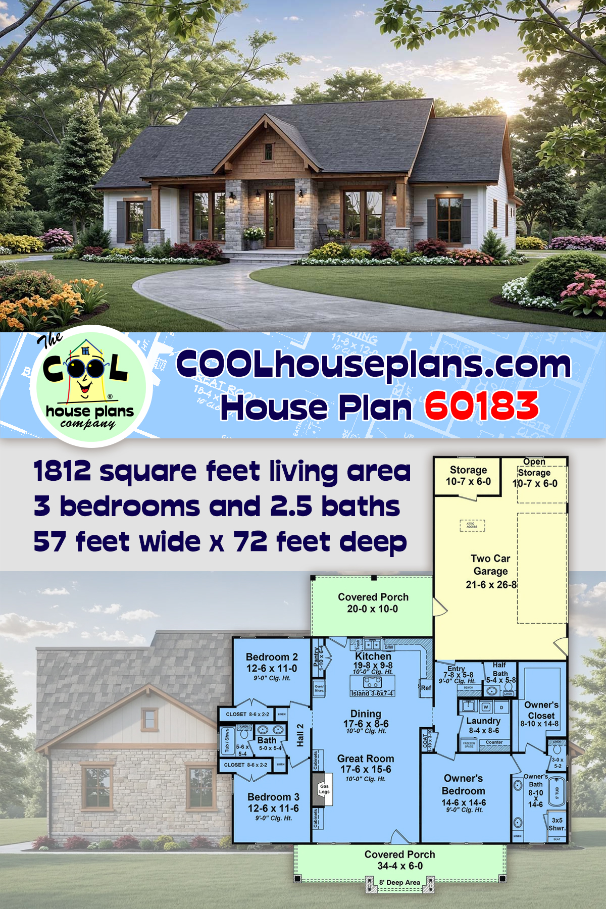 Cottage, Craftsman, Farmhouse House Plan 60183 with 3 Beds, 3 Baths, 2 Car Garage