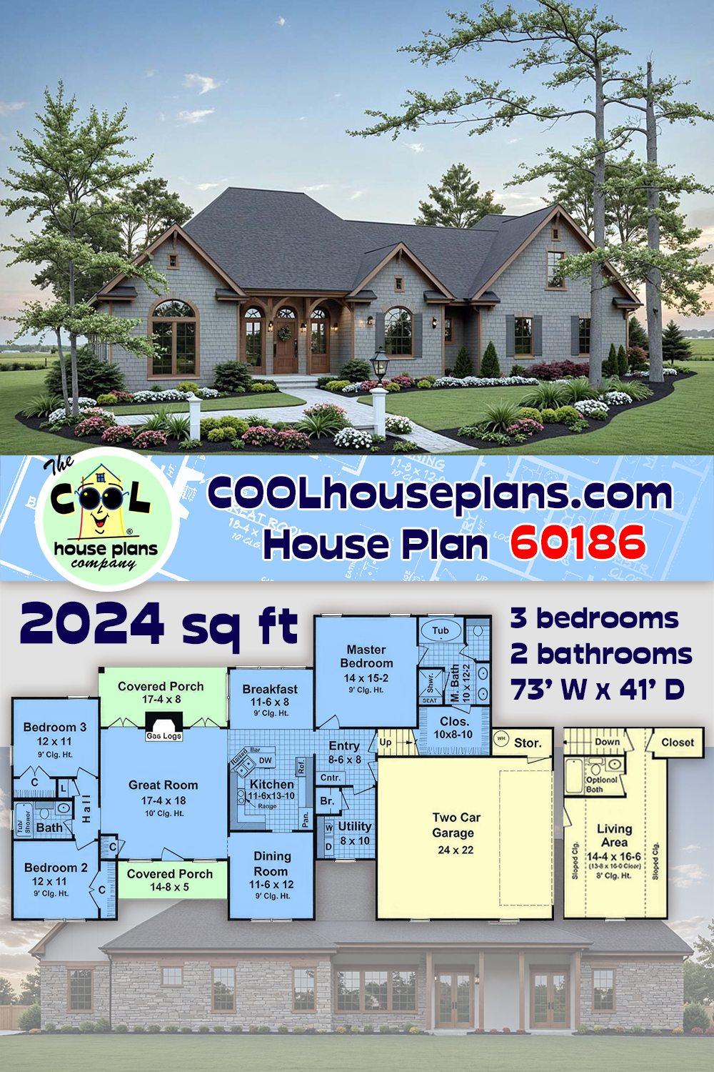 Country, Craftsman, New American House Plan 60186 with 3 Beds, 2 Baths, 2 Car Garage